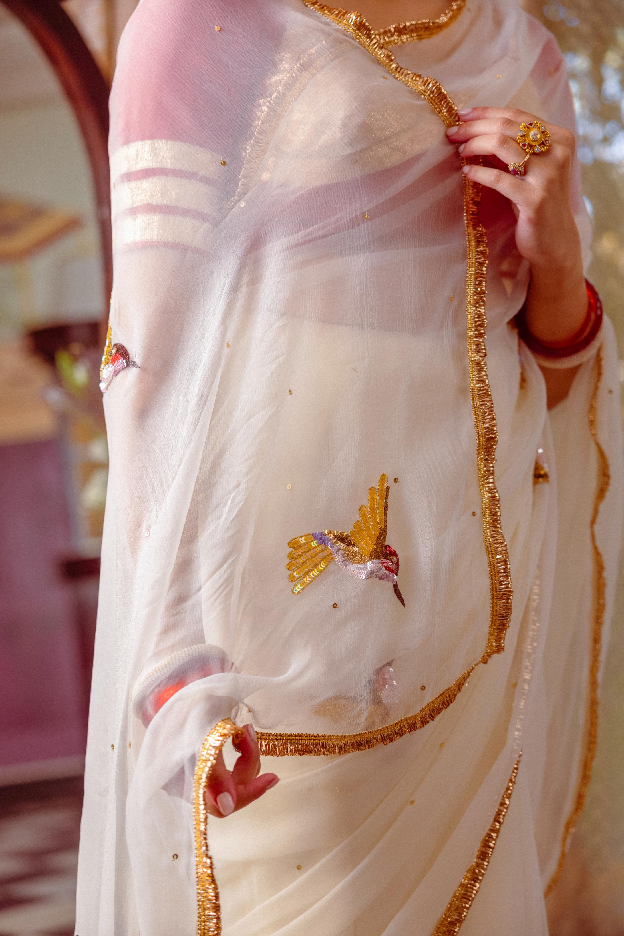 White Viscose Chiffon Aari Resham Sequins  Handwork    Saree
