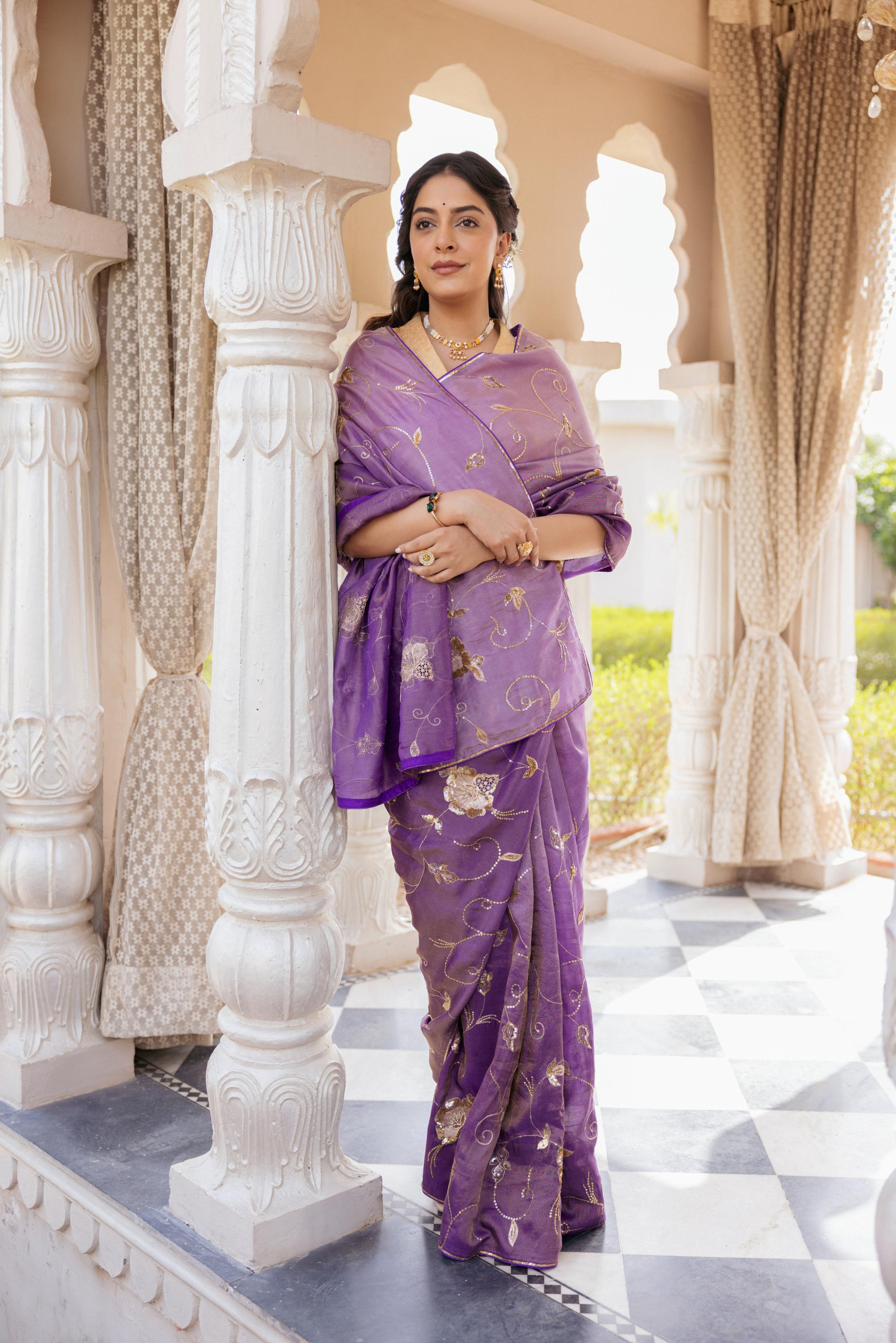 Purple Tissue Aari Tari Jaal work Saree Handwork   Saree
