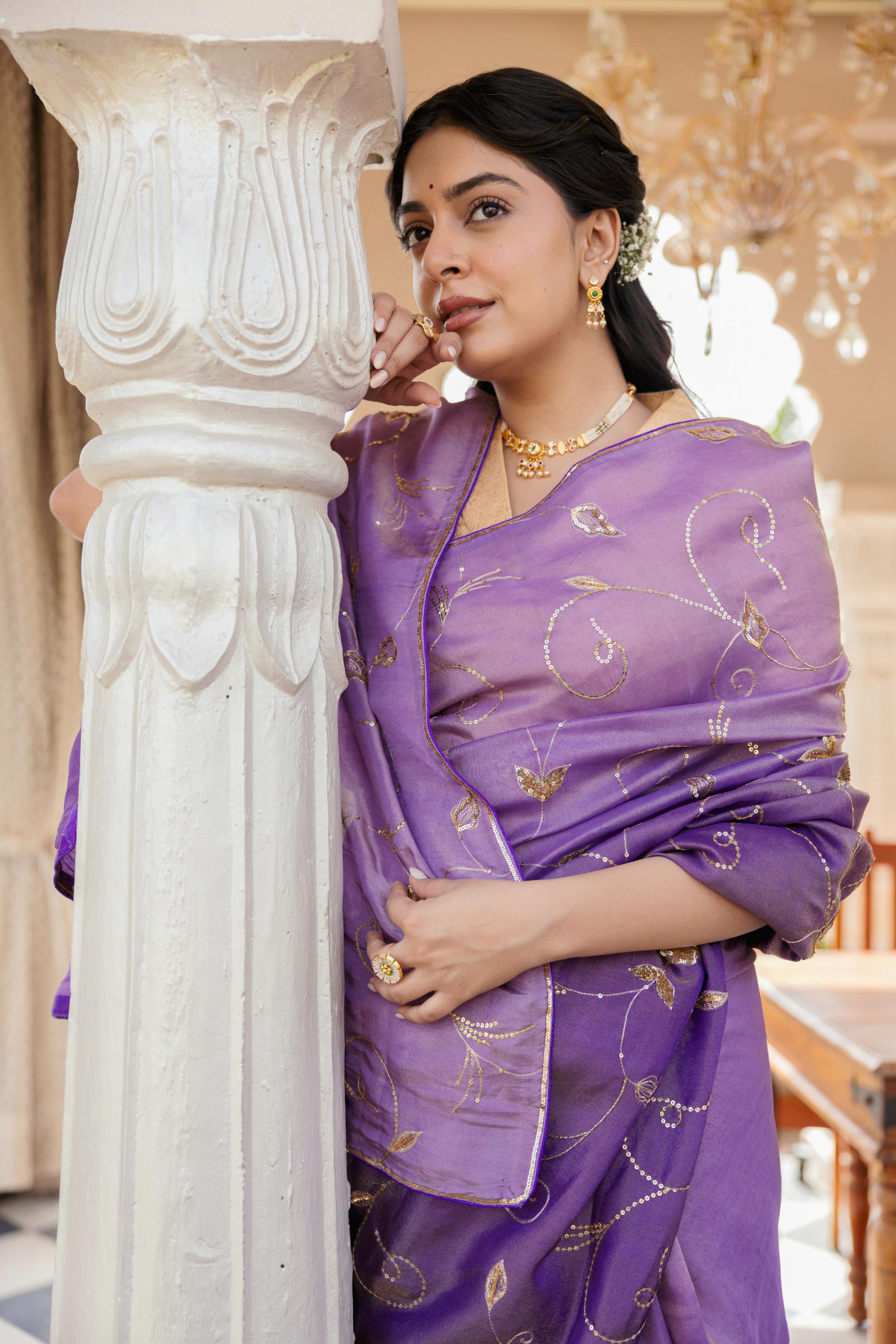 Purple Tissue Aari Tari Jaal work Saree Handwork   Saree