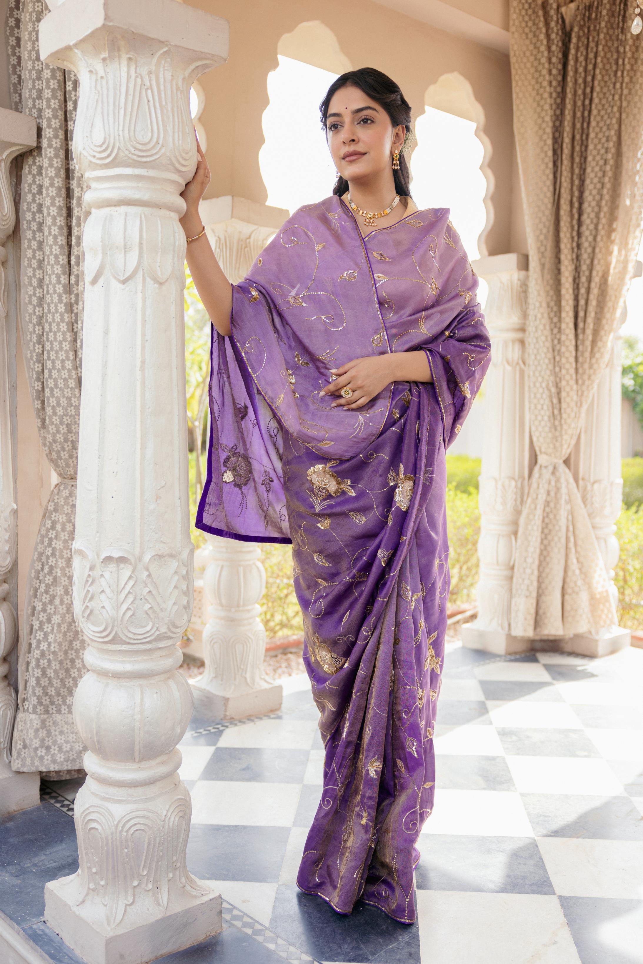 Purple Tissue Aari Tari Jaal work Saree Handwork   Saree