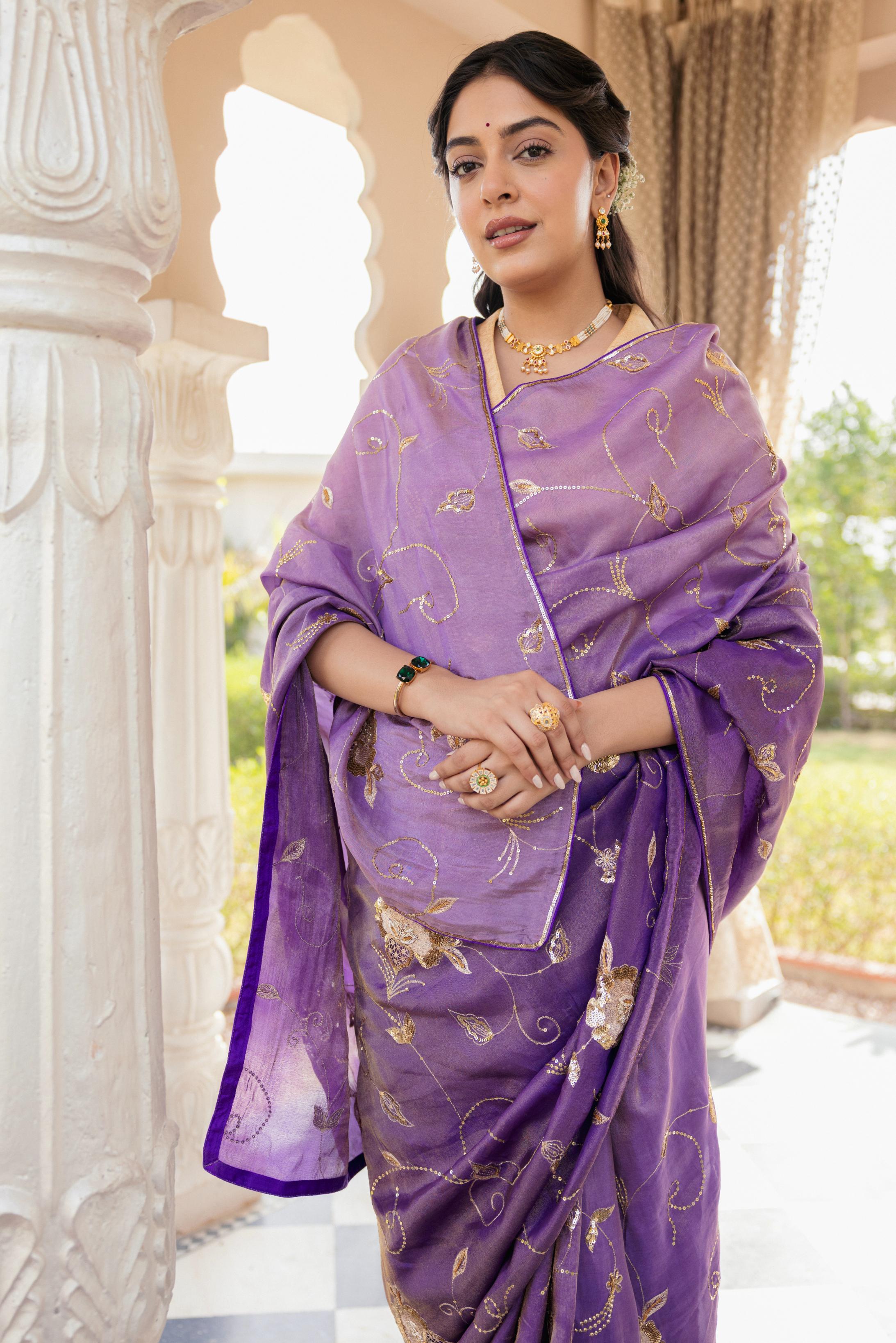 Purple Tissue Aari Tari Jaal work Saree Handwork   Saree