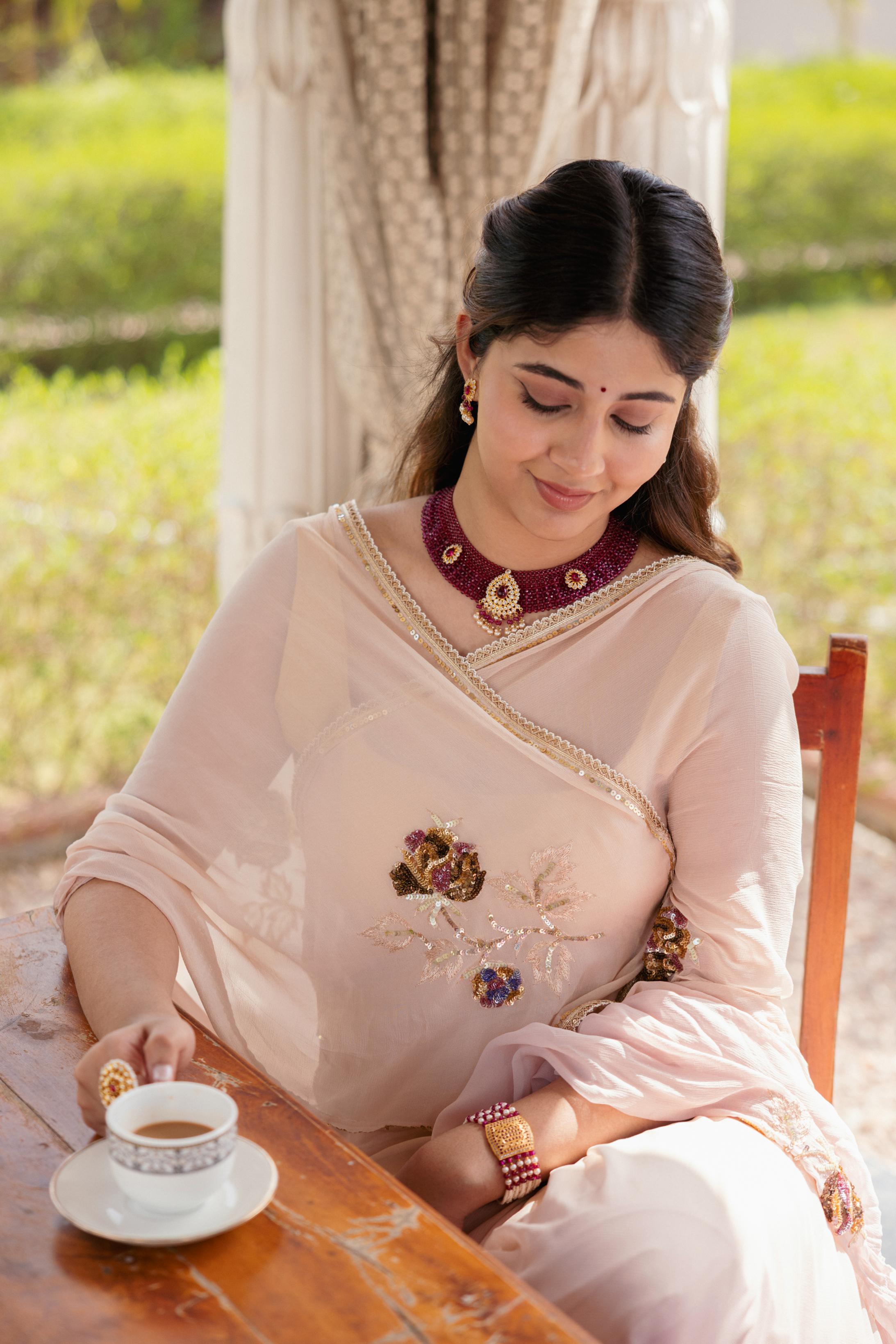 Baby Pink Pure Chiffon Aari Sequins Motif  Handwork   Saree