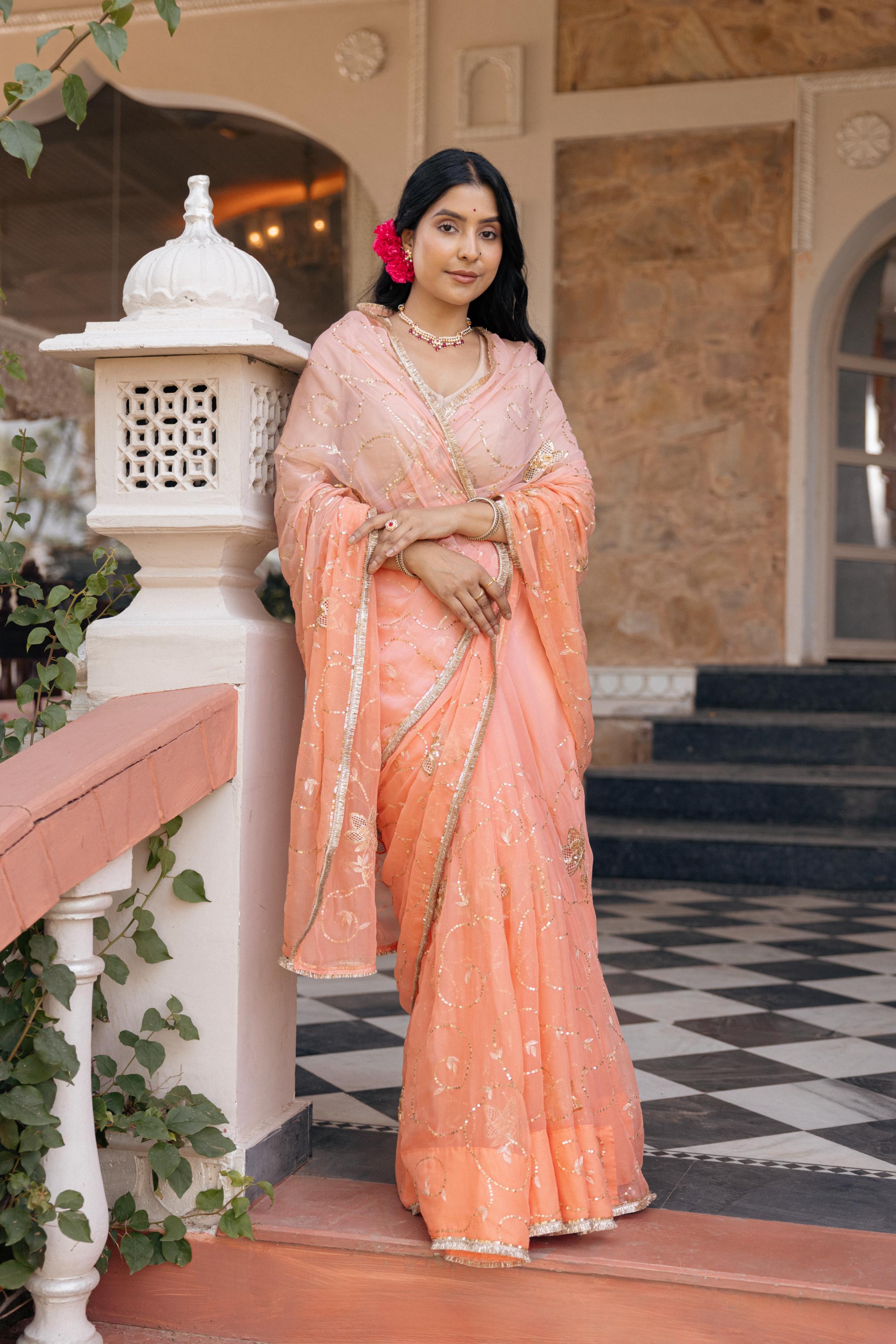 Peach  Viscose Chiffon Aari Tari Jaal Cutwork Handwork   Saree