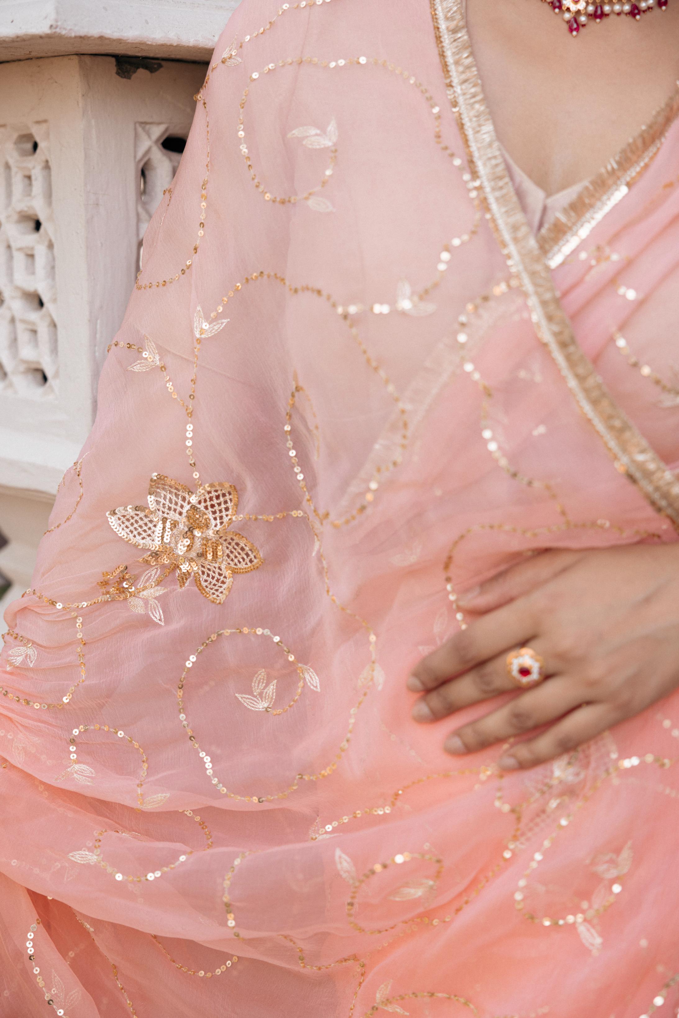Peach  Viscose Chiffon Aari Tari Jaal Cutwork Handwork   Saree
