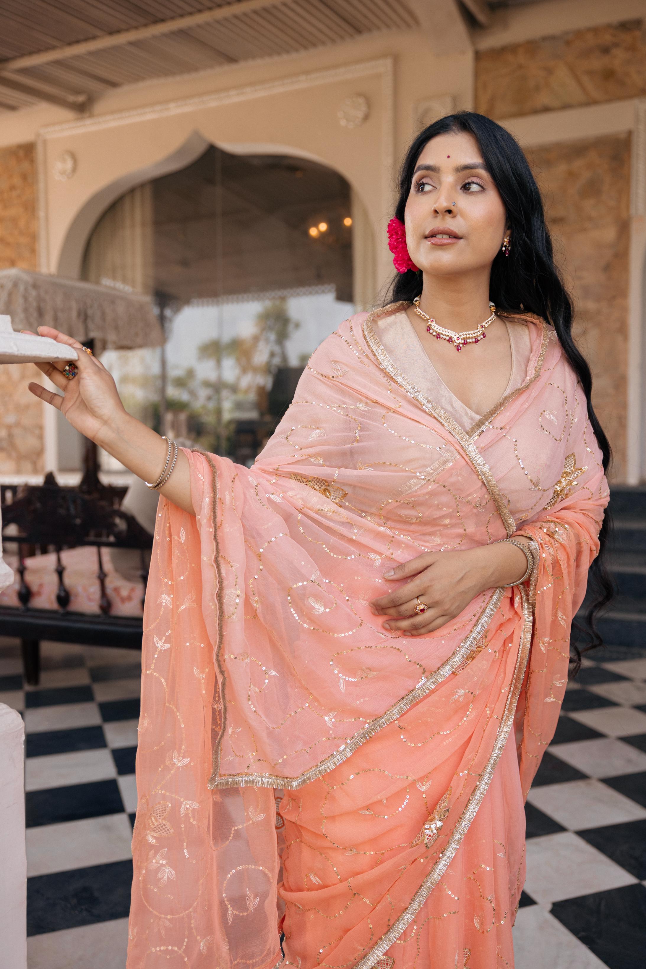 Peach  Viscose Chiffon Aari Tari Jaal Cutwork Handwork   Saree