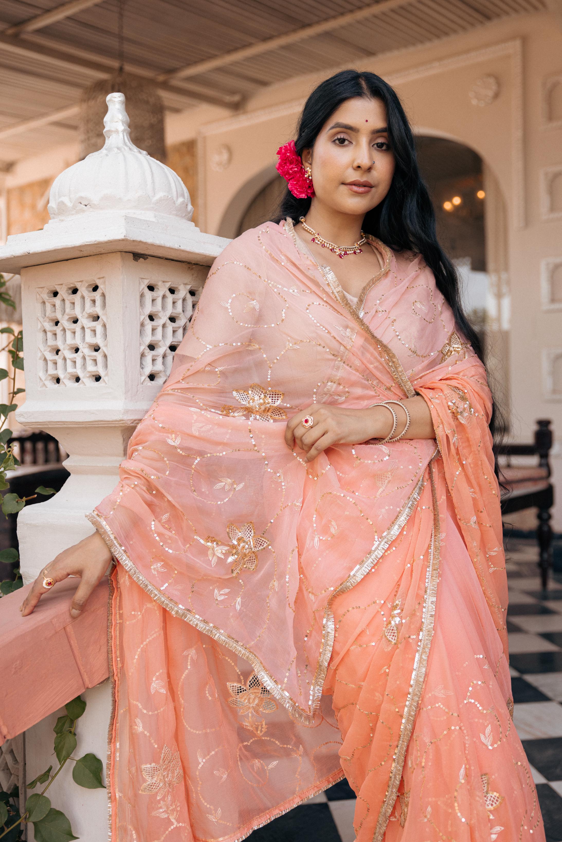 Peach  Viscose Chiffon Aari Tari Jaal Cutwork Handwork   Saree
