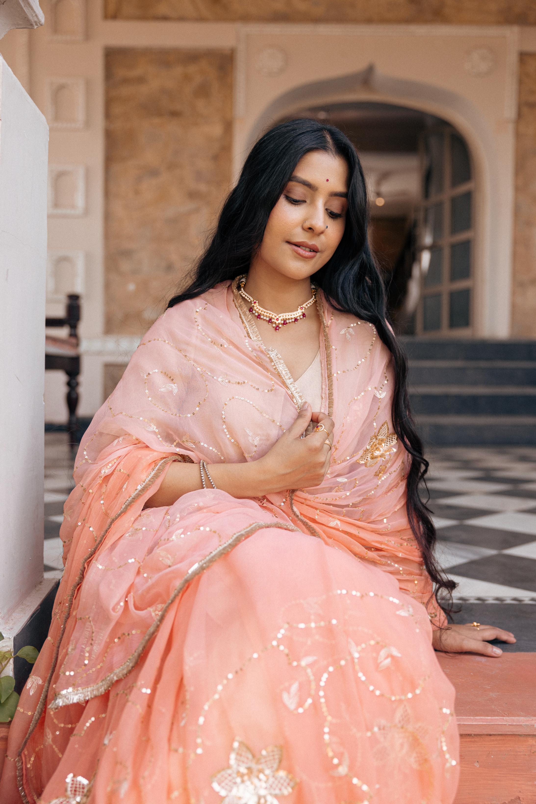 Peach  Viscose Chiffon Aari Tari Jaal Cutwork Handwork   Saree