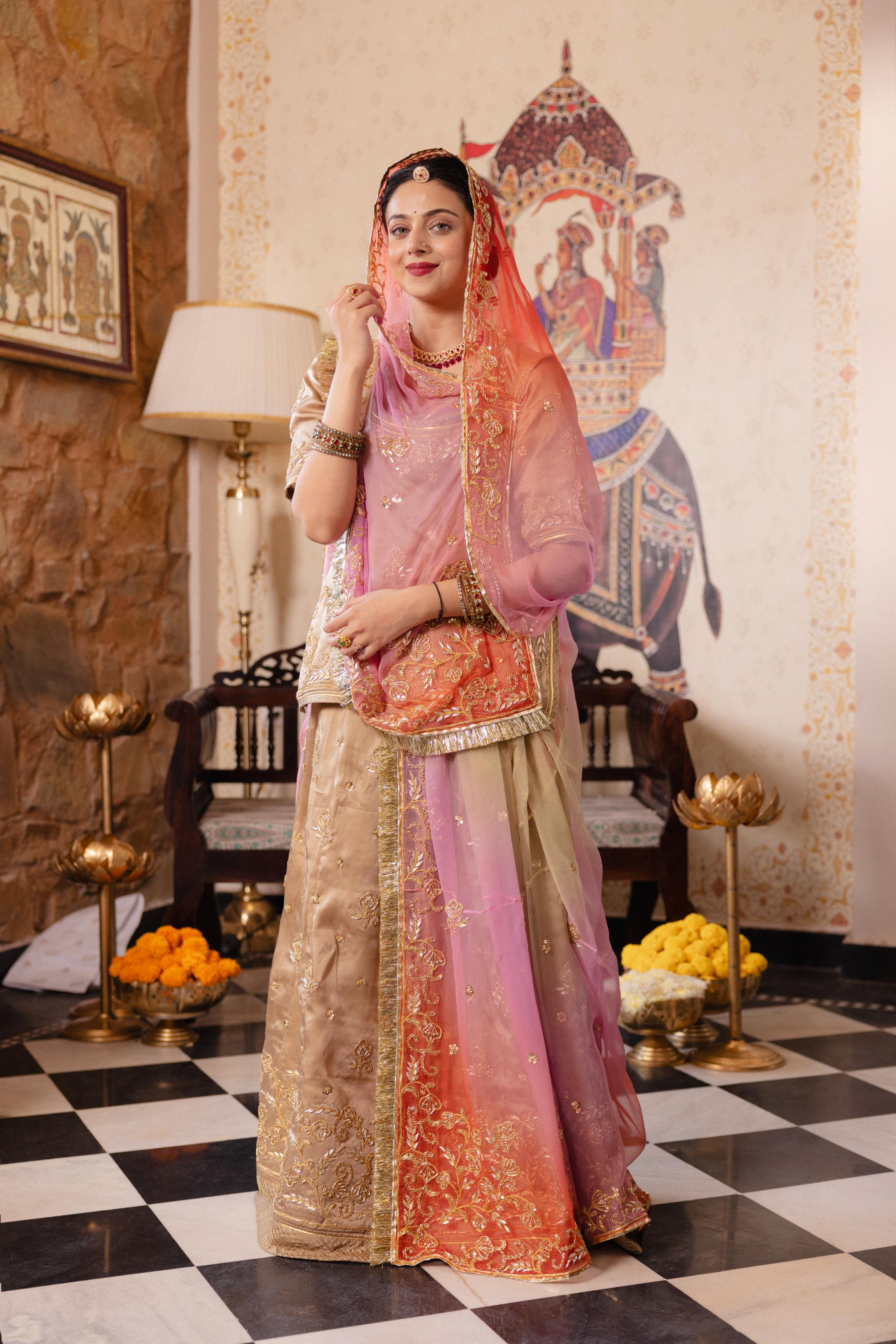 Chikku Bamber Satin  Dori Zardozi  Handwork   Poshak (Unstitched)