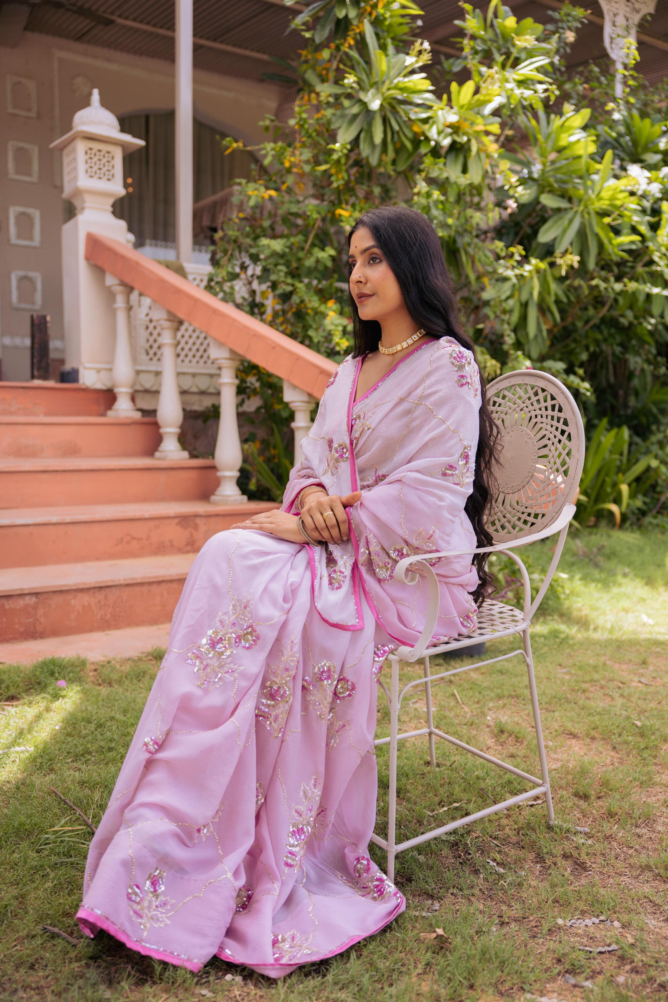Lavender  Pure Chiffon Aari Katori Jaal  Handwork   Saree