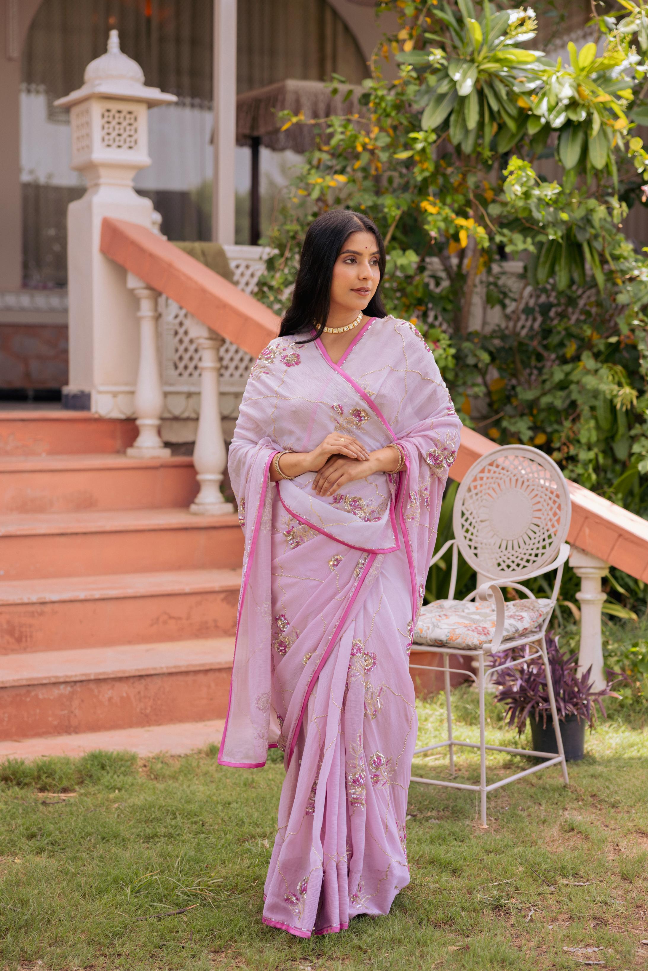 Lavender  Pure Chiffon Aari Katori Jaal  Handwork   Saree