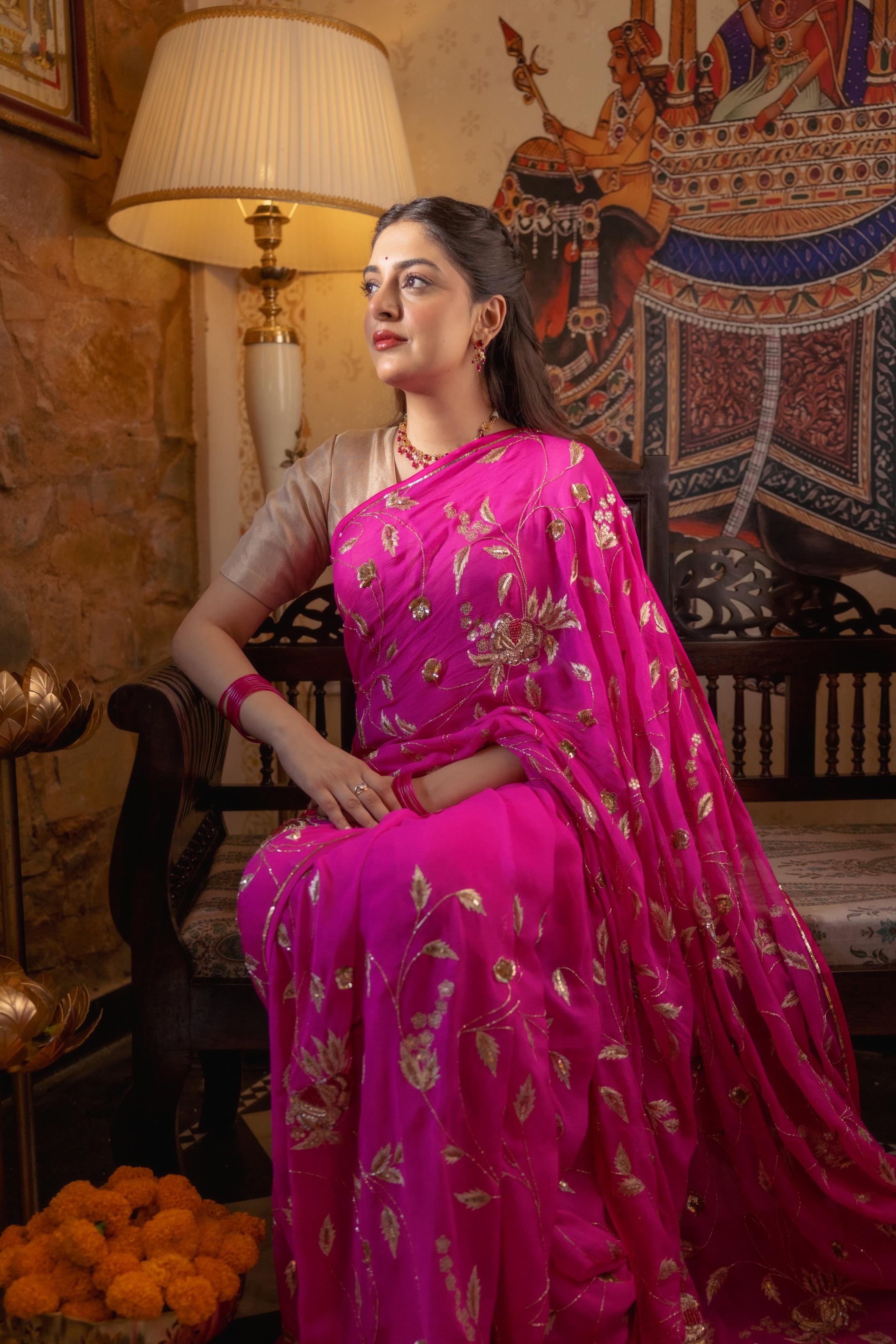 Neon Pink  Pure Chiffon Aari Sequins Zardozi Jaal Handwork   Saree