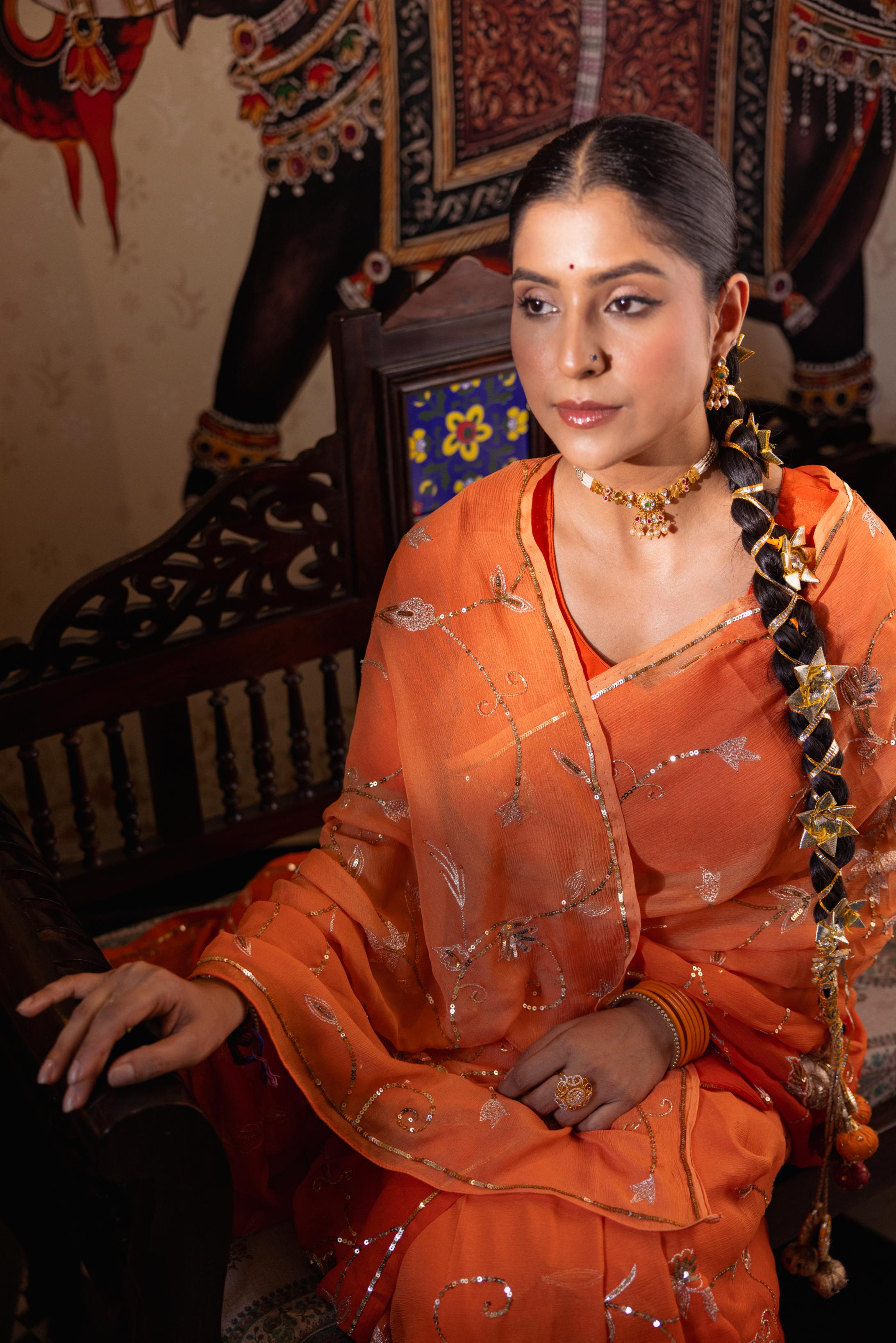 Orange  Pure Chiffon Aari Sequins Jaal  Handwork   Saree