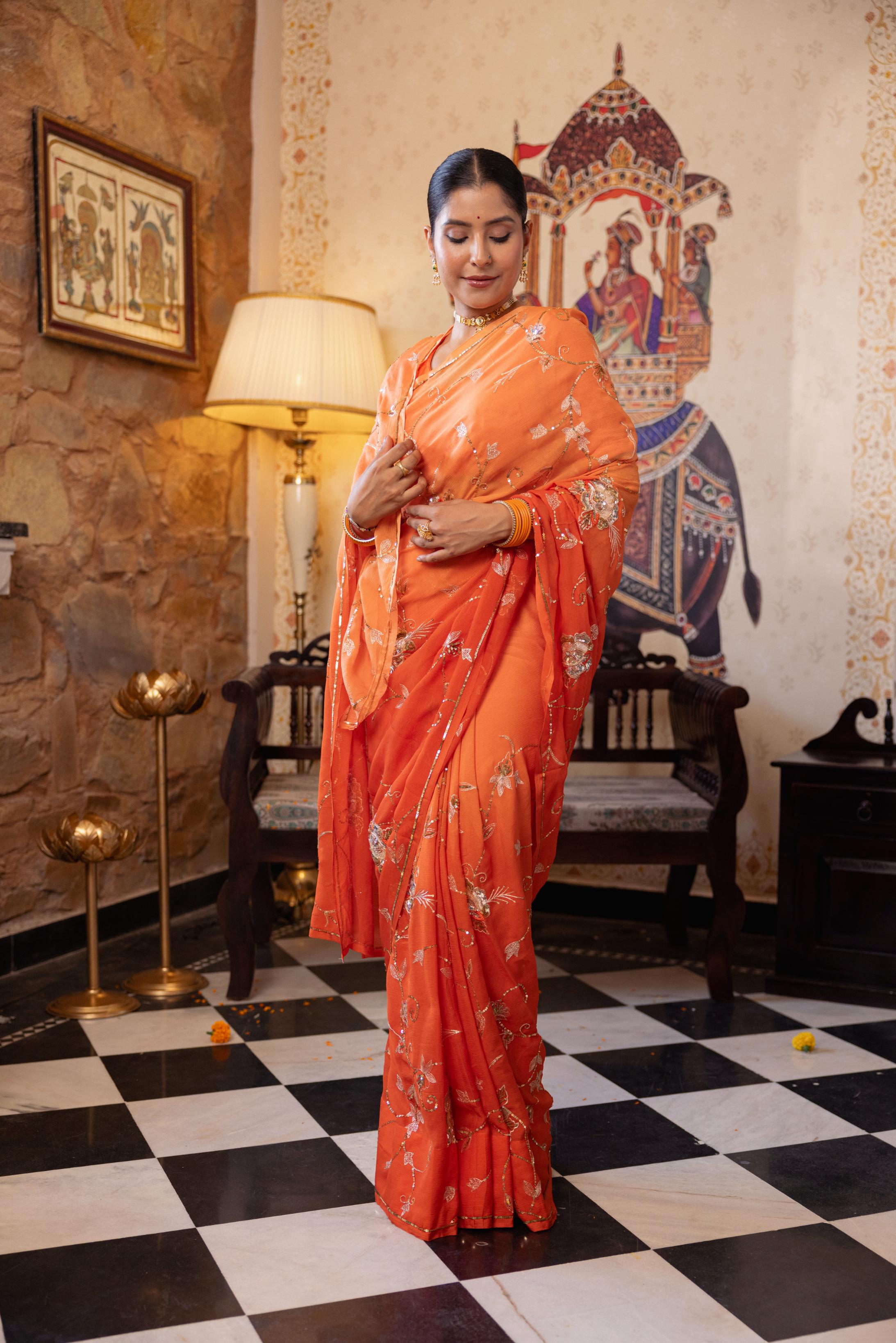 Orange  Pure Chiffon Aari Sequins Jaal  Handwork   Saree