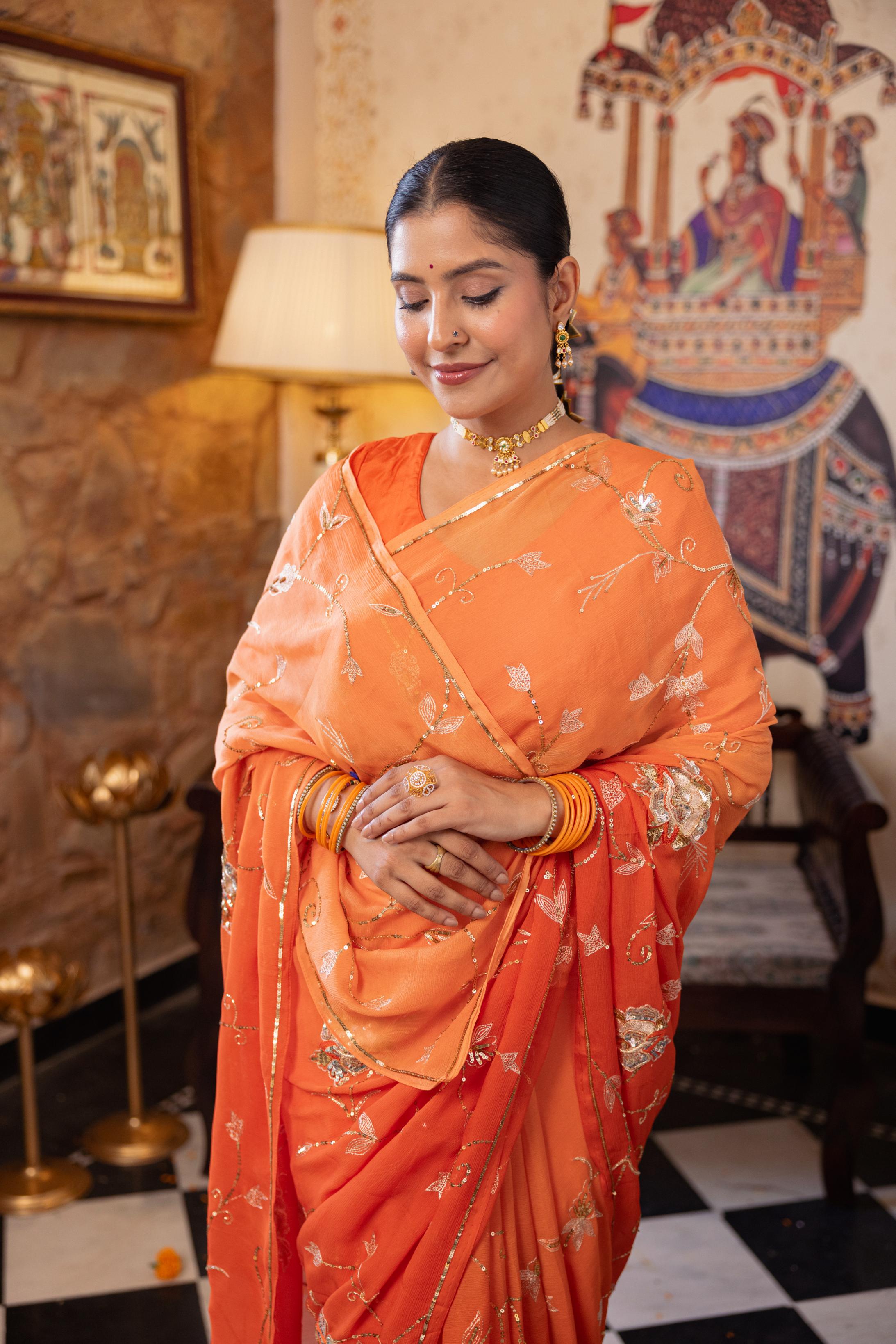 Orange  Pure Chiffon Aari Sequins Jaal  Handwork   Saree