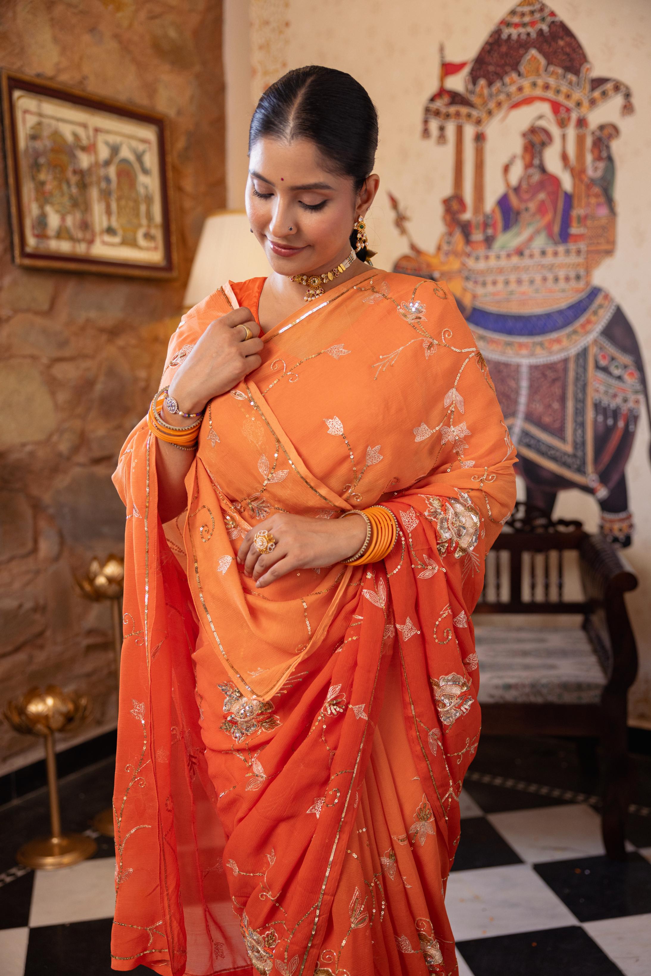 Orange  Pure Chiffon Aari Sequins Jaal  Handwork   Saree