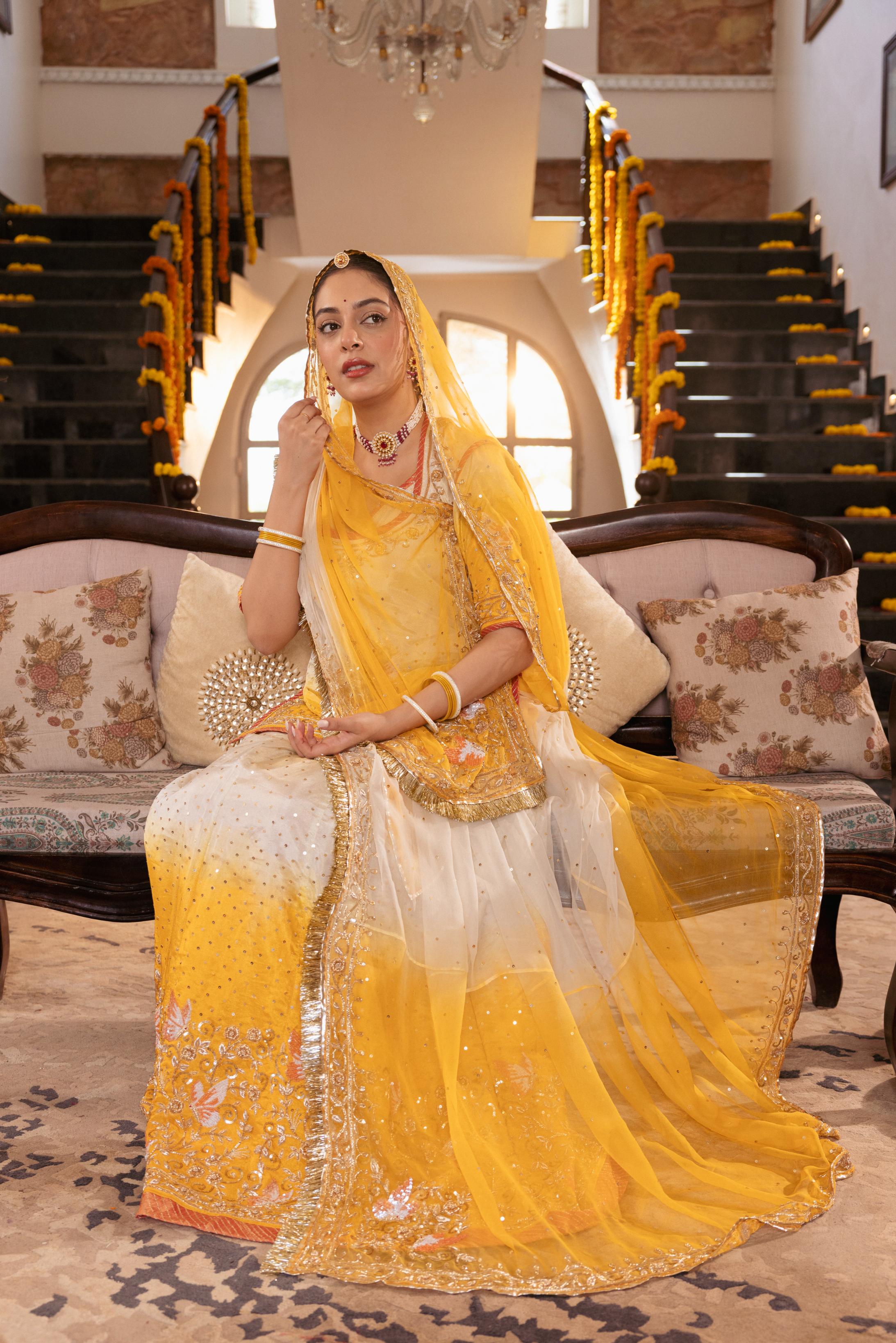 Yellow White Ombre Tissue Zardozi  Handwork   Poshak (Unstitched)