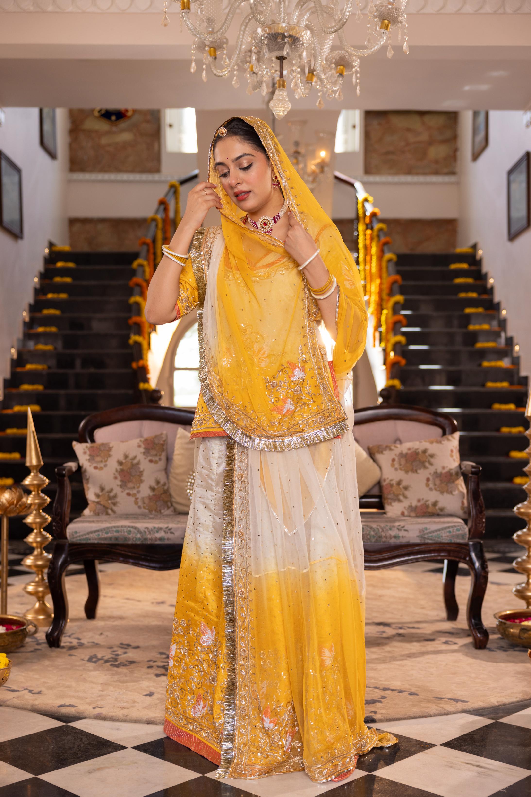 Yellow White Ombre Tissue Zardozi  Handwork   Poshak (Unstitched)