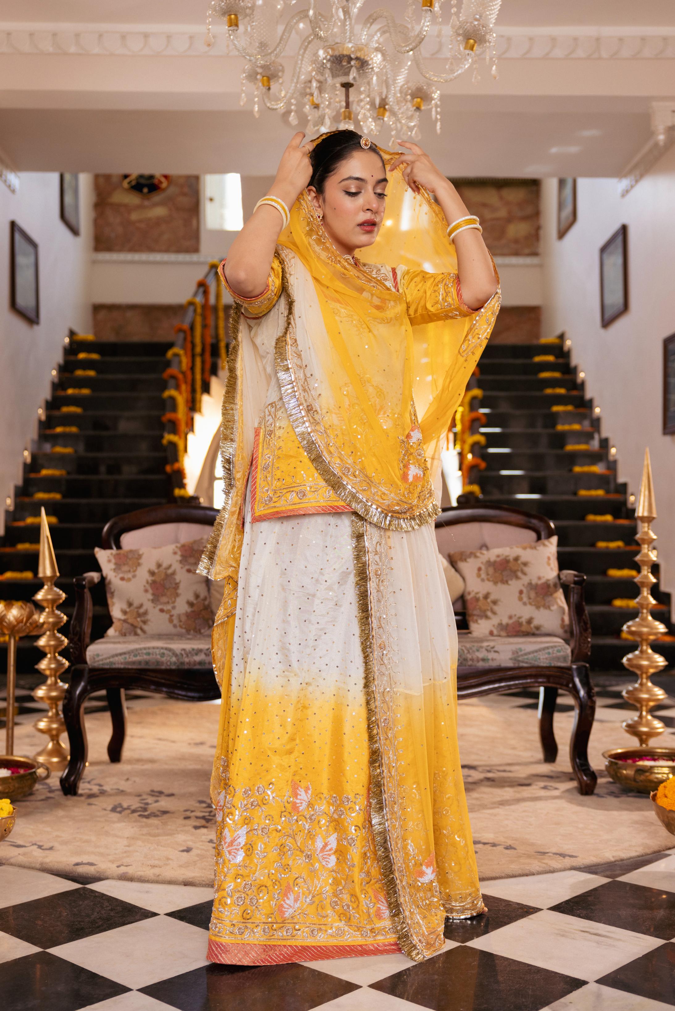 Yellow White Ombre Tissue Zardozi  Handwork   Poshak (Unstitched)