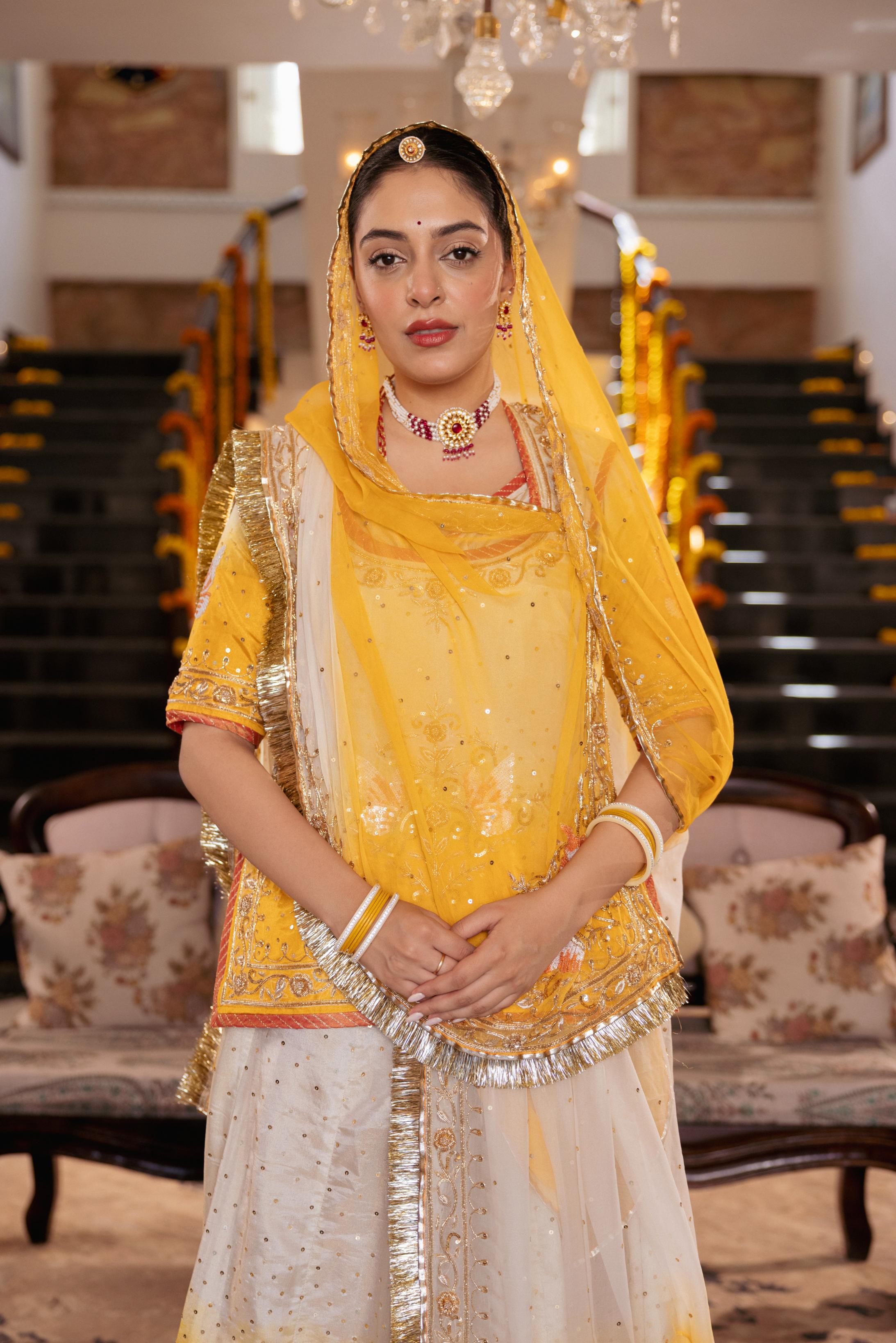 Yellow White Ombre Tissue Zardozi  Handwork   Poshak (Unstitched)