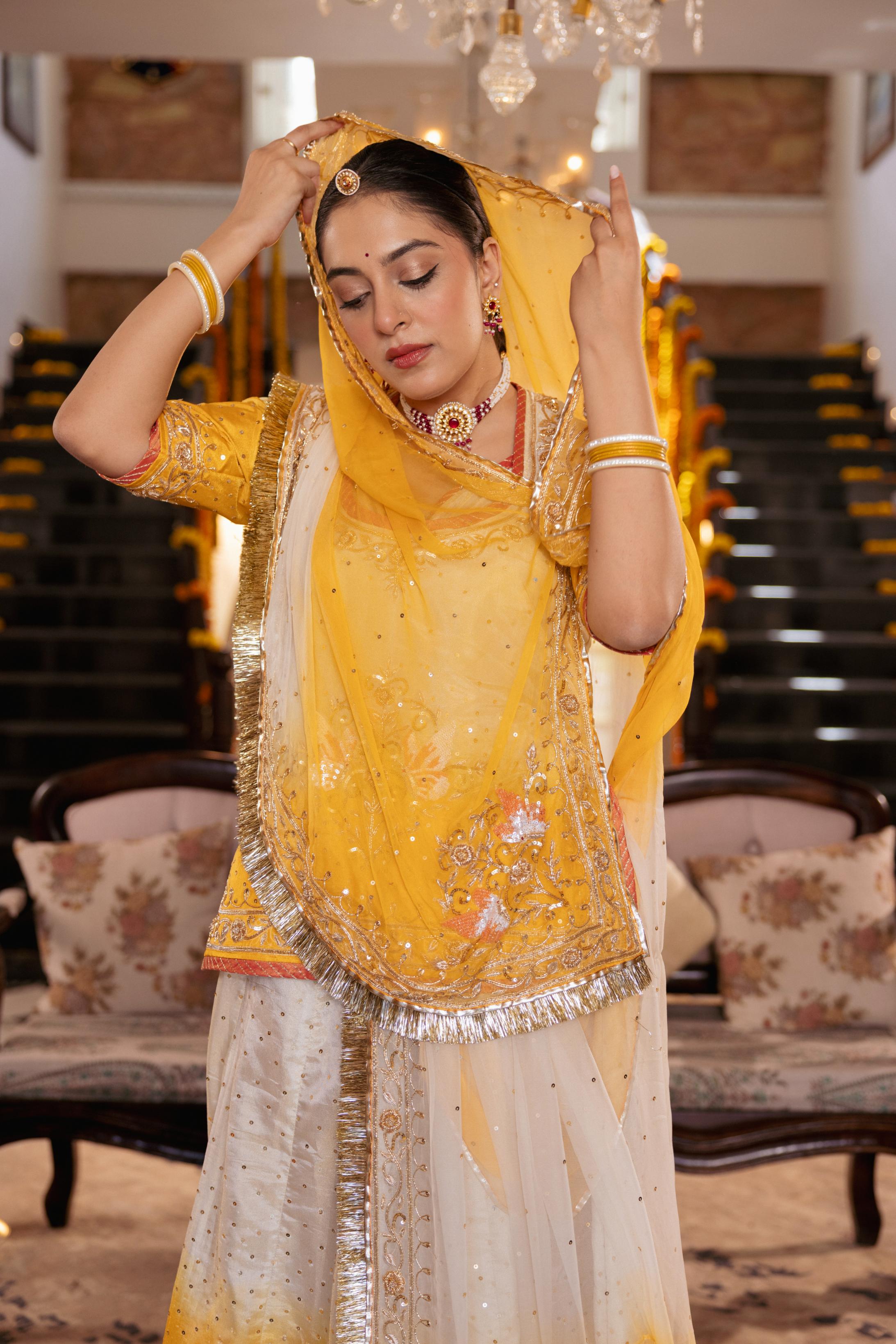Yellow White Ombre Tissue Zardozi  Handwork   Poshak (Unstitched)