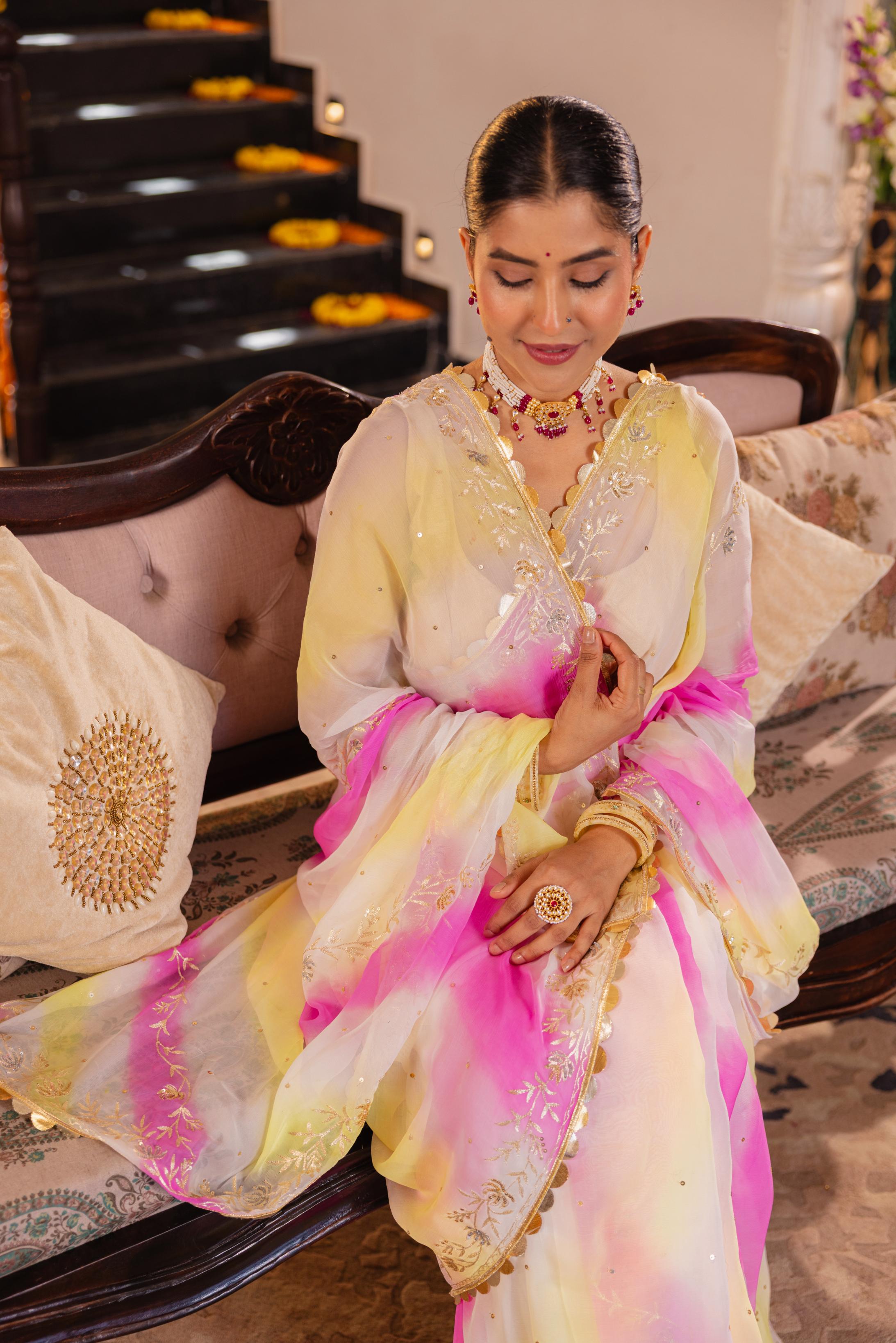 Samundar Leher  Pure Chiffon Aari Tari  Handwork   Saree