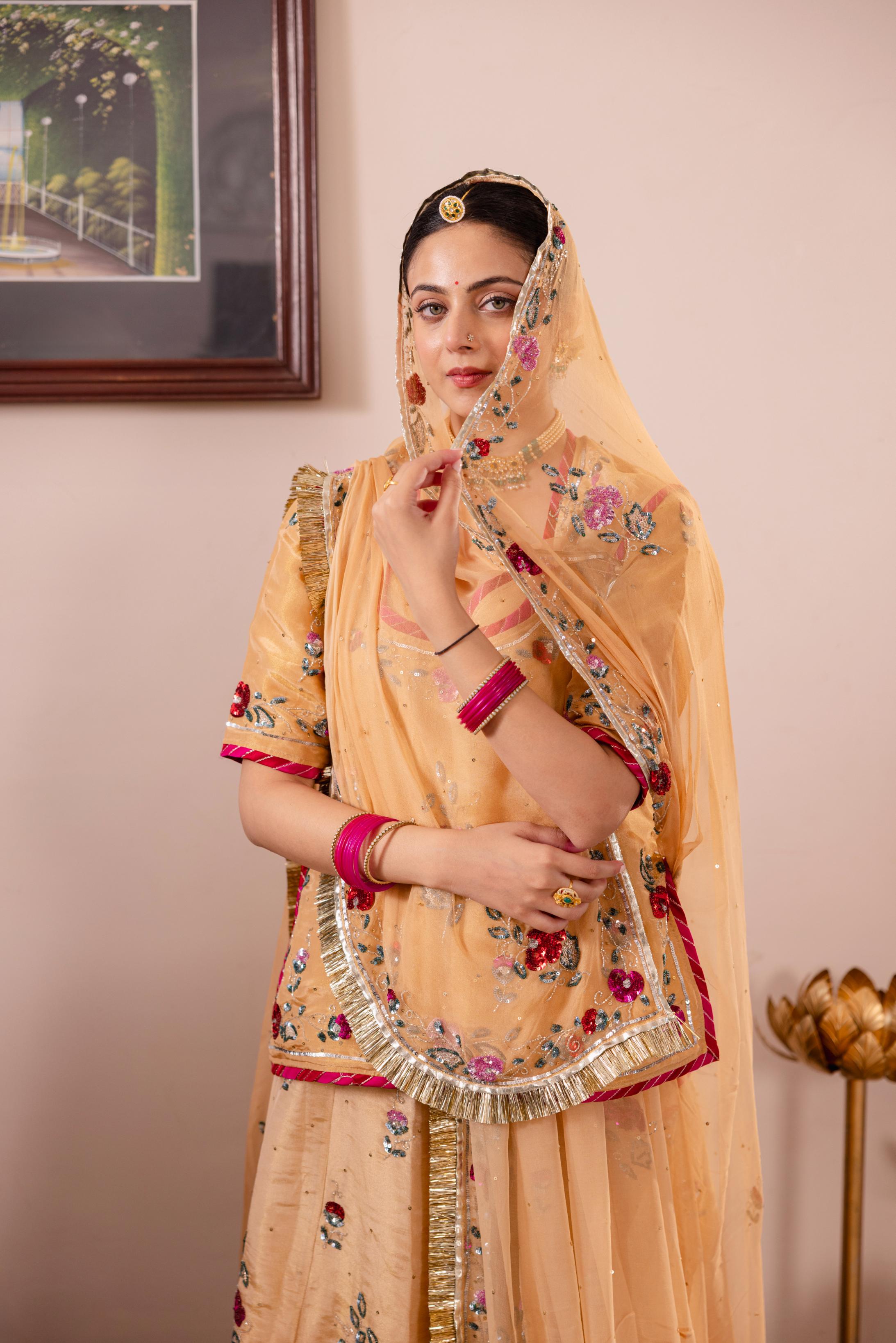 Beige Tissue Sequins Kardana Handwork   Poshak (Unstitched)
