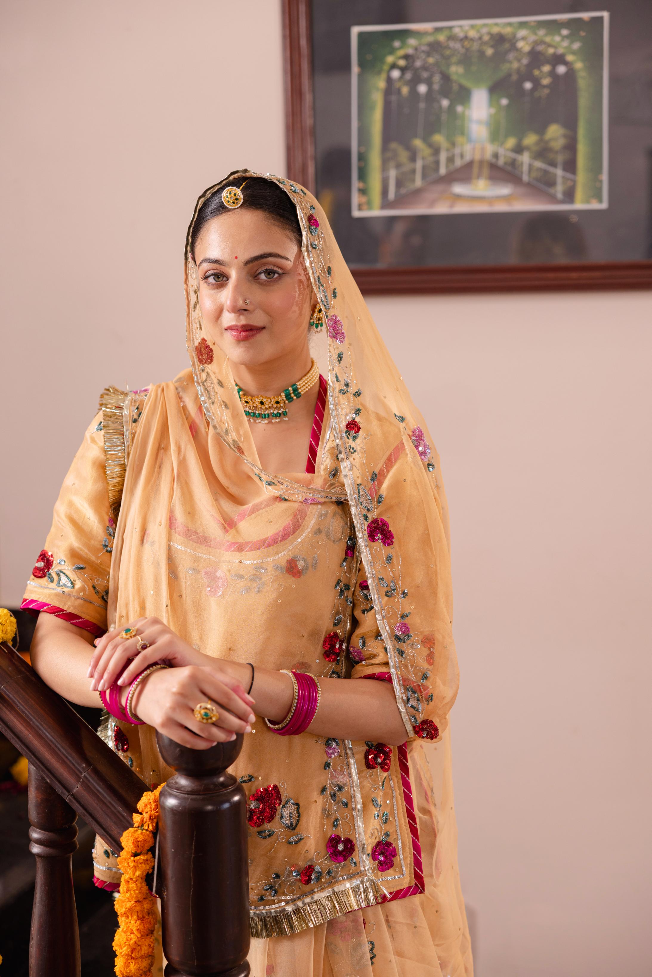 Beige Tissue Sequins Kardana Handwork   Poshak (Unstitched)