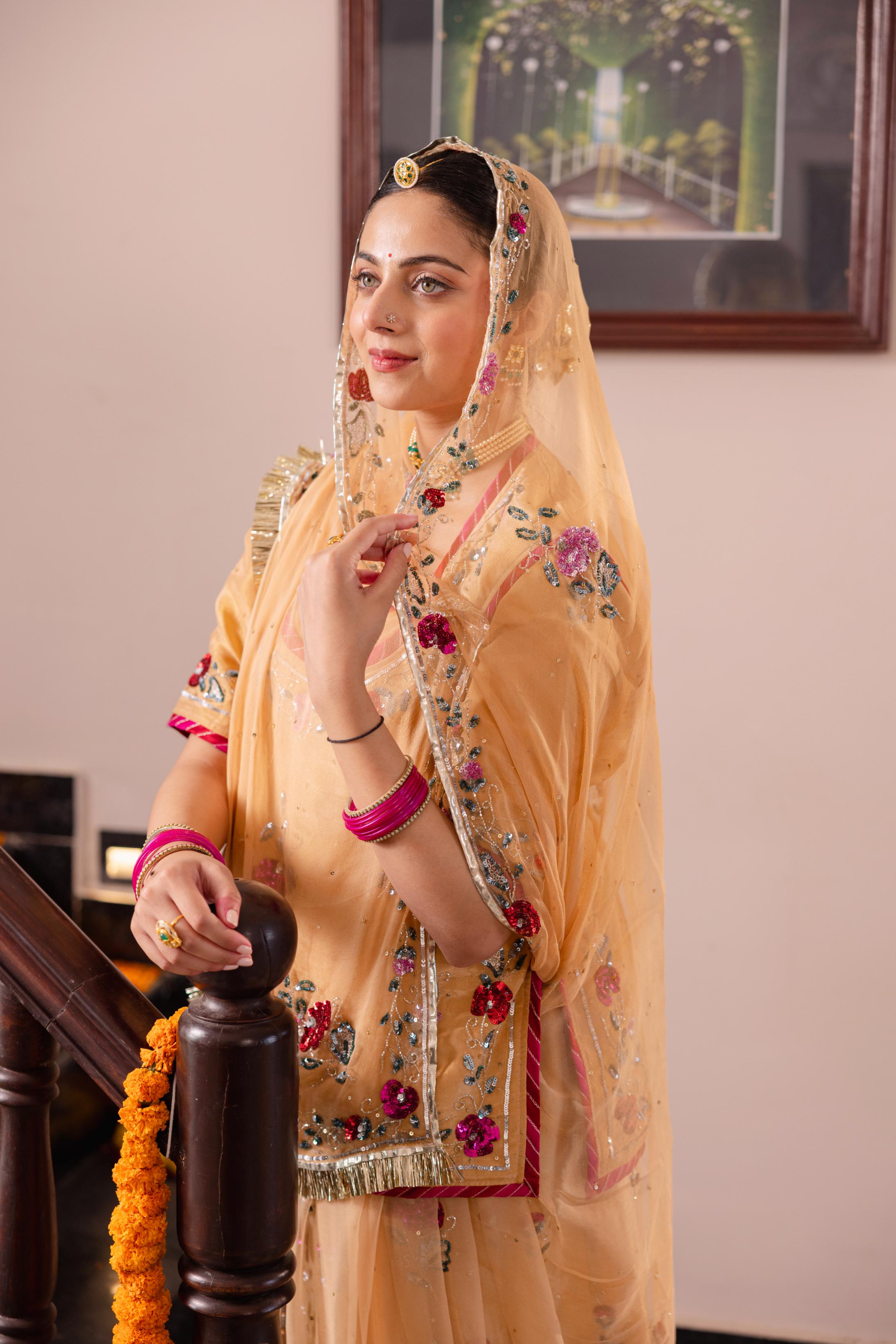 Beige Tissue Sequins Kardana Handwork   Poshak (Unstitched)