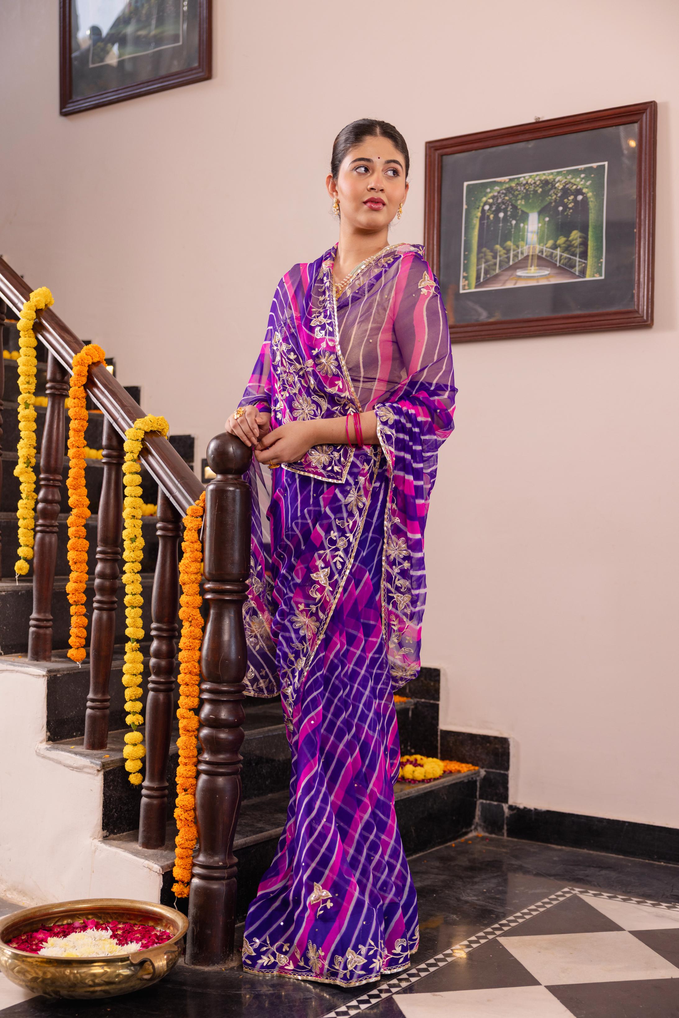 Purple Rani Leheriya  20 grms Pure Georgette Aari Tari  Handwork   Saree