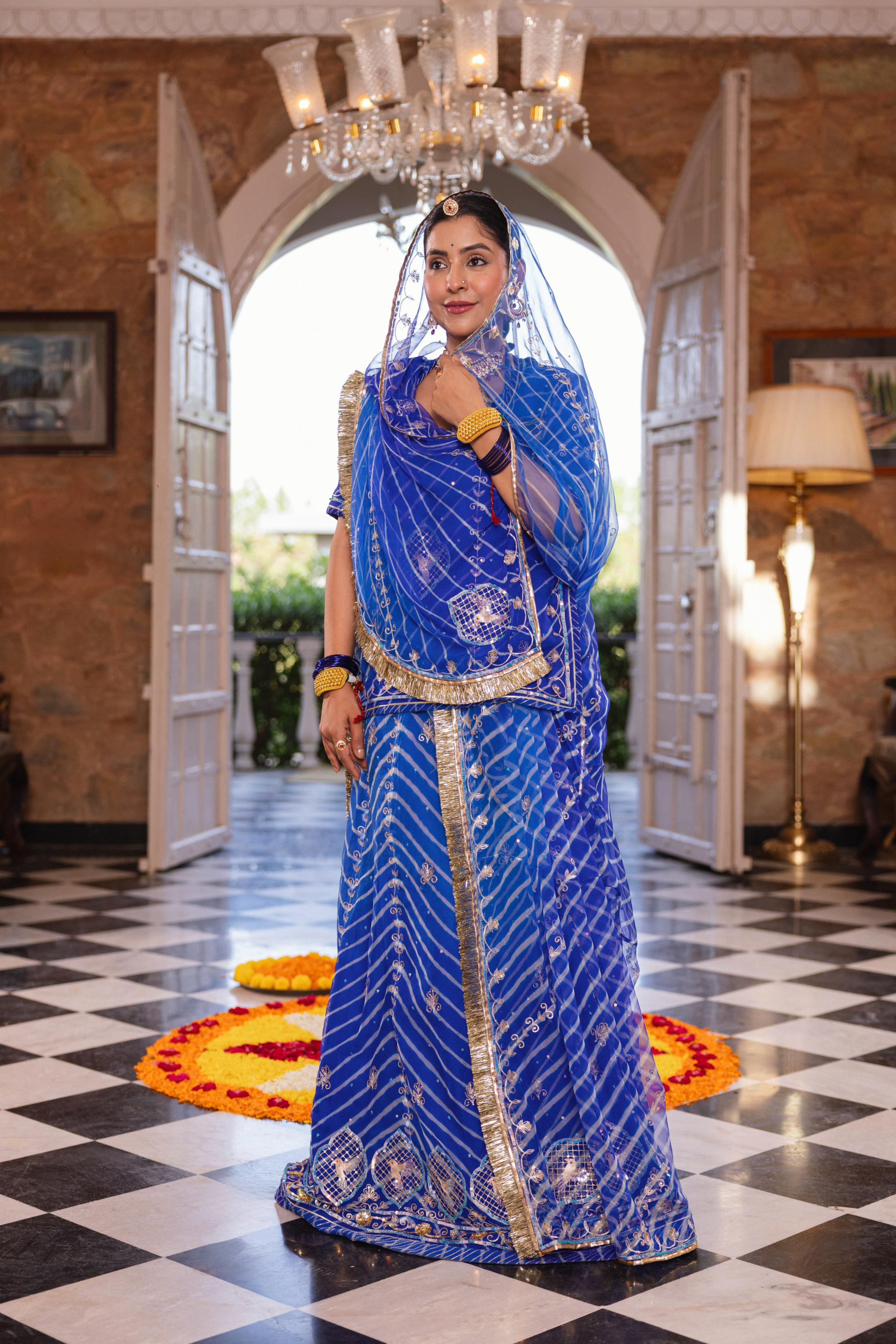 Royal Blue  20 grms Pure Georgette AAri Sequins Cutwork Handwork   Poshak (Unstitched)