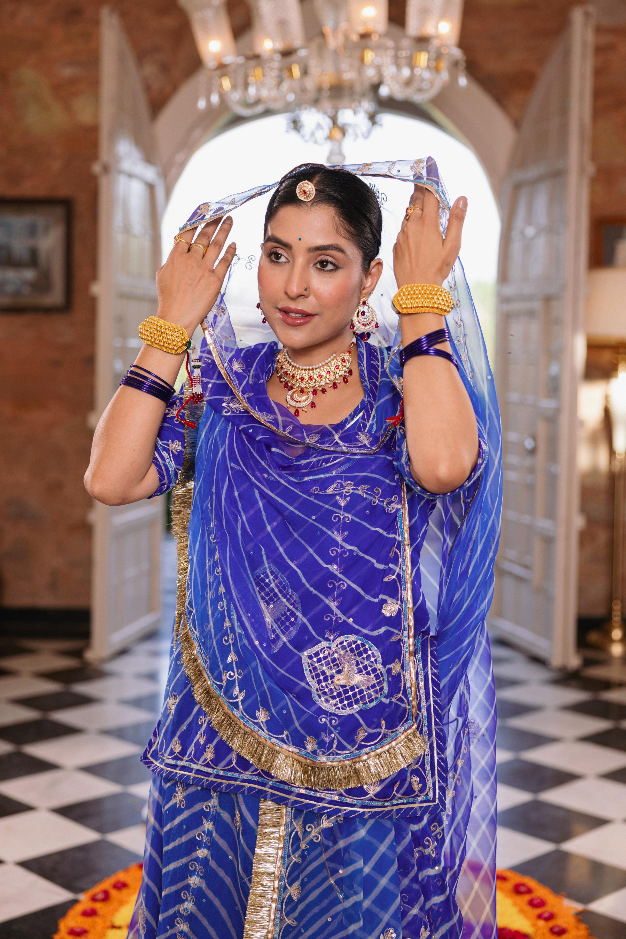 Royal Blue  20 grms Pure Georgette AAri Sequins Cutwork Handwork   Poshak (Unstitched)