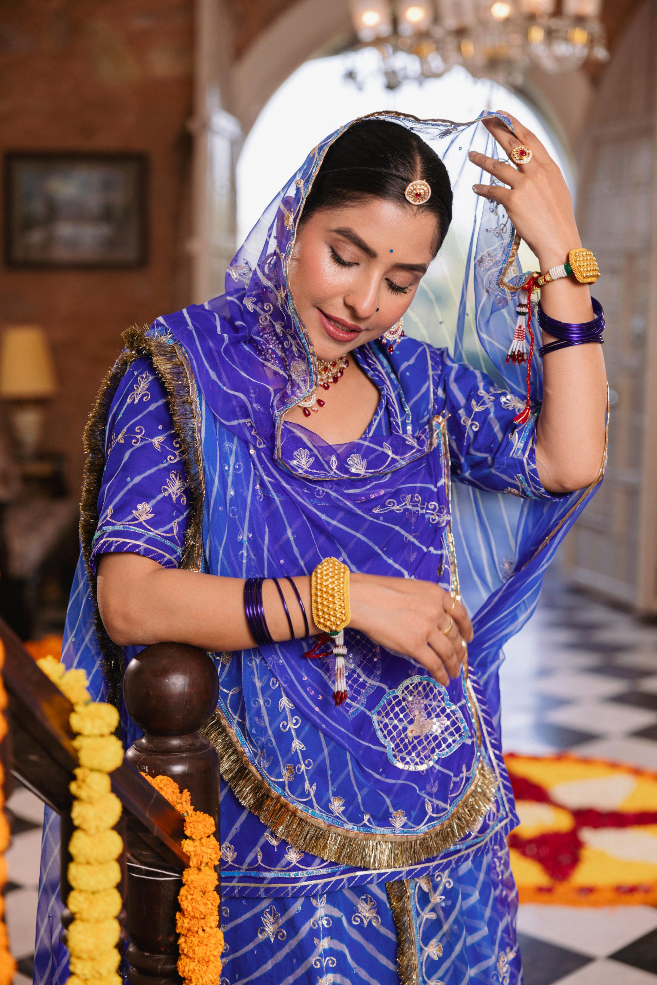 Royal Blue  20 grms Pure Georgette AAri Sequins Cutwork Handwork   Poshak (Unstitched)