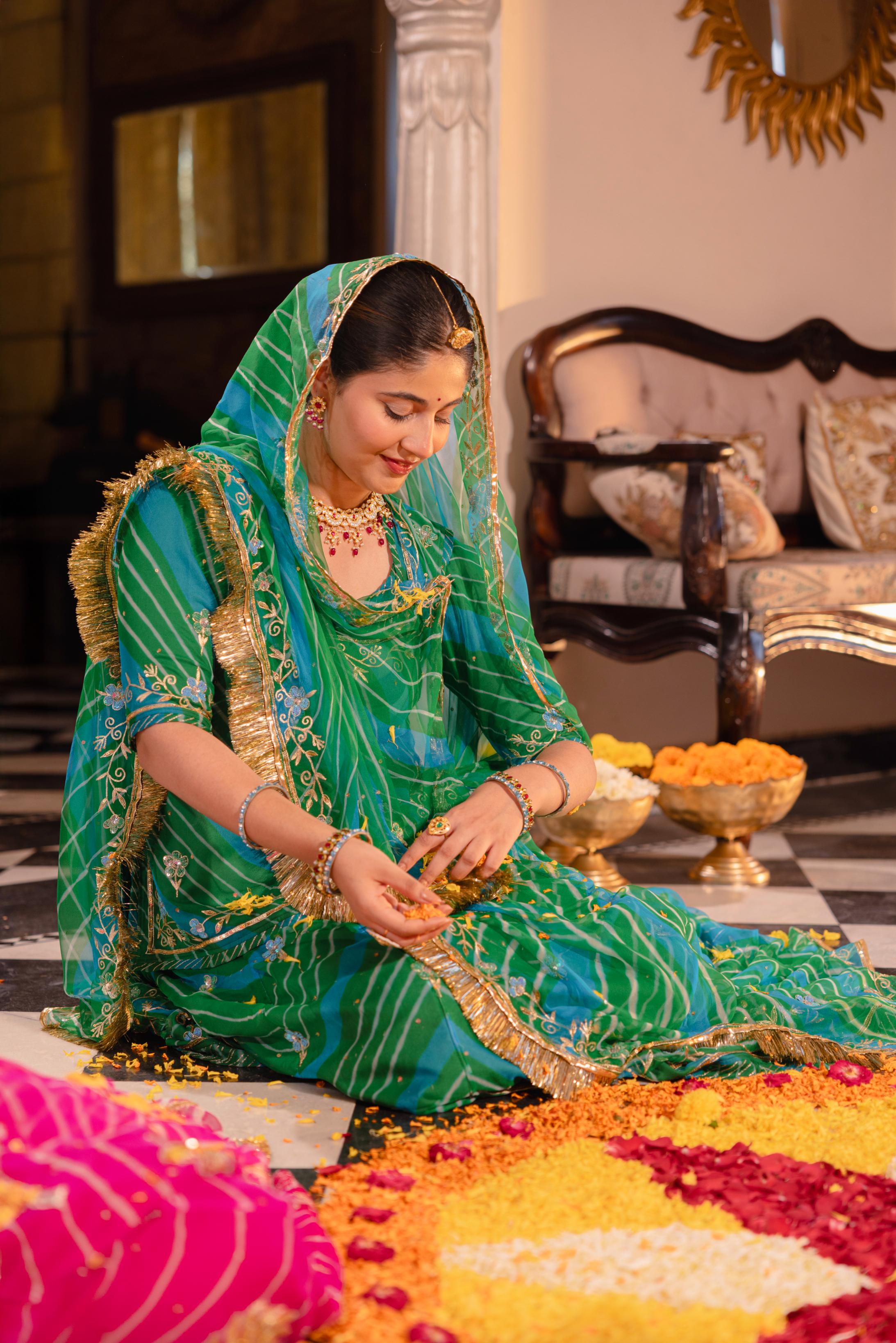 Green  20 grms Pure Georgette Aari Tari Handwork   Poshak (Unstitched)