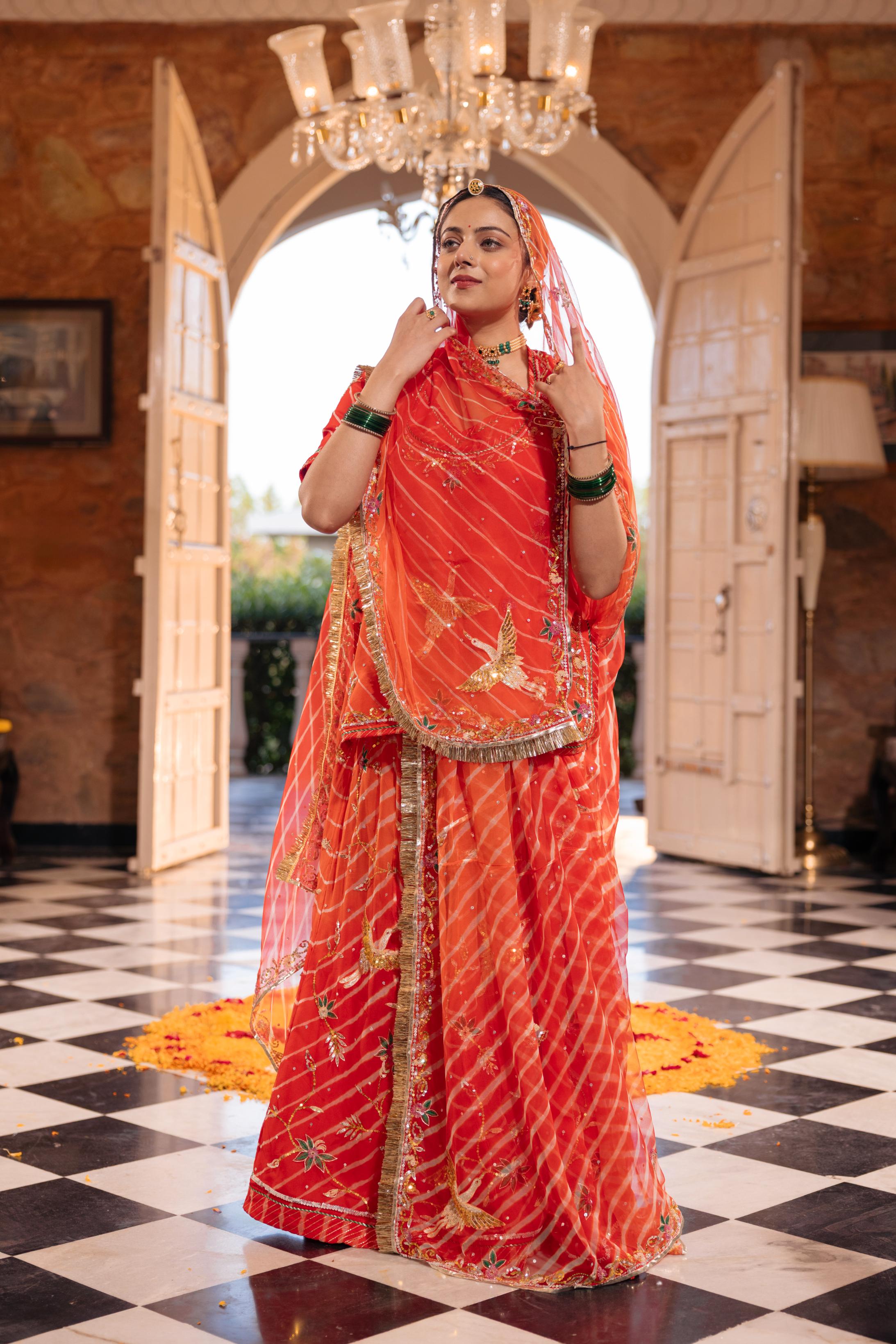 Orange  20 grms Pure Georgette Aari Sequins Resham Handwork   Poshak (Unstitched)