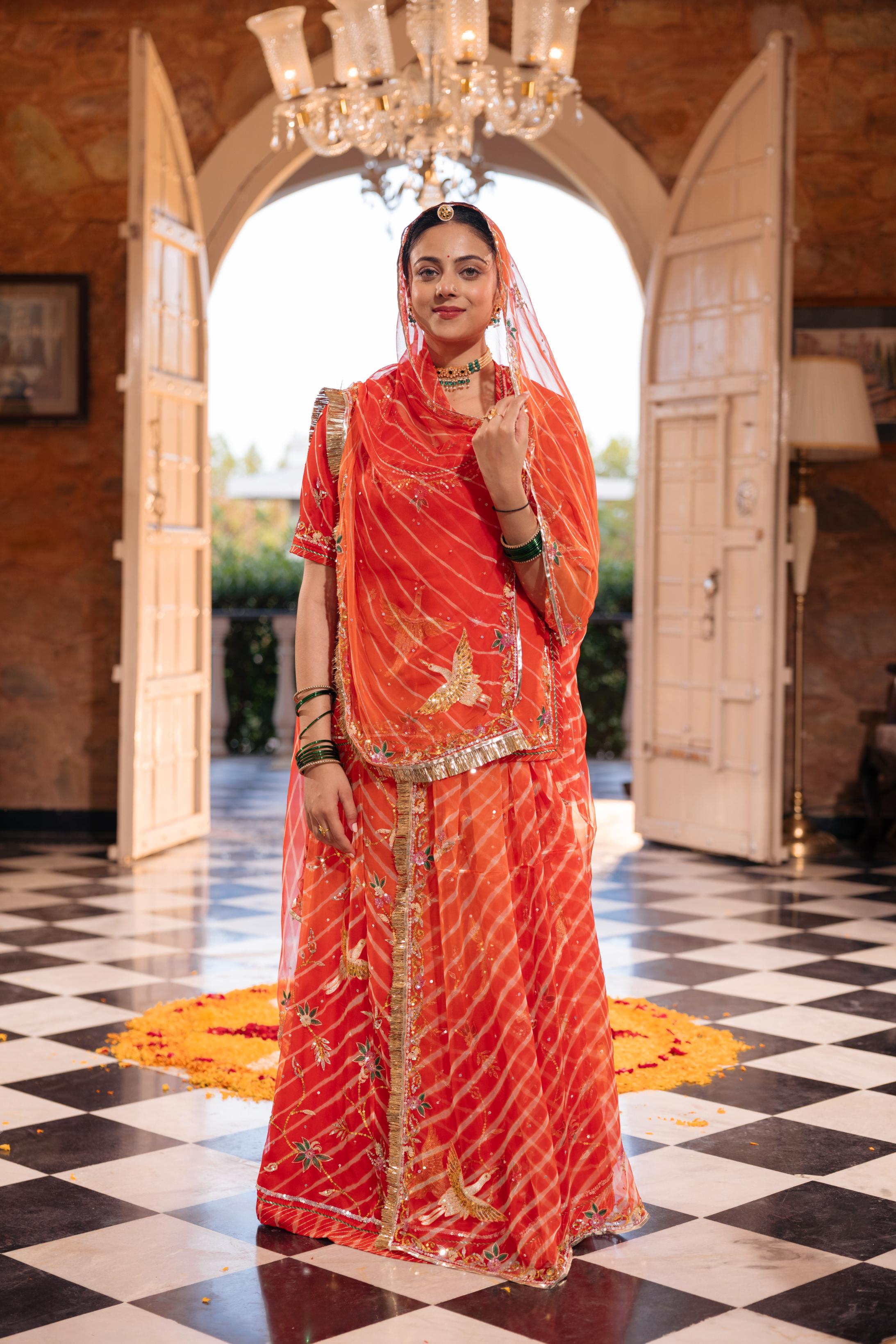 Orange  20 grms Pure Georgette Aari Sequins Resham Handwork   Poshak (Unstitched)