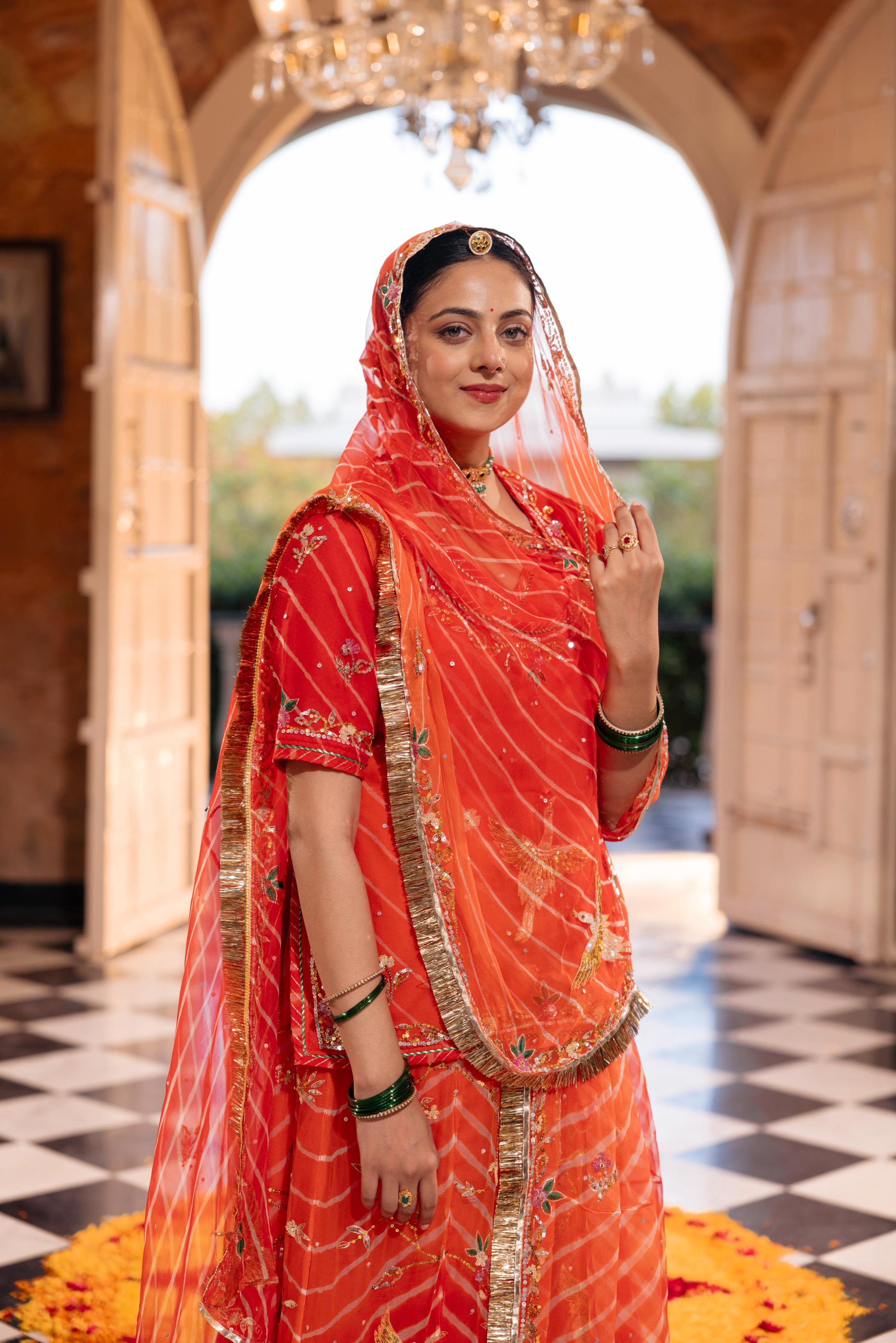 Orange  20 grms Pure Georgette Aari Sequins Resham Handwork   Poshak (Unstitched)