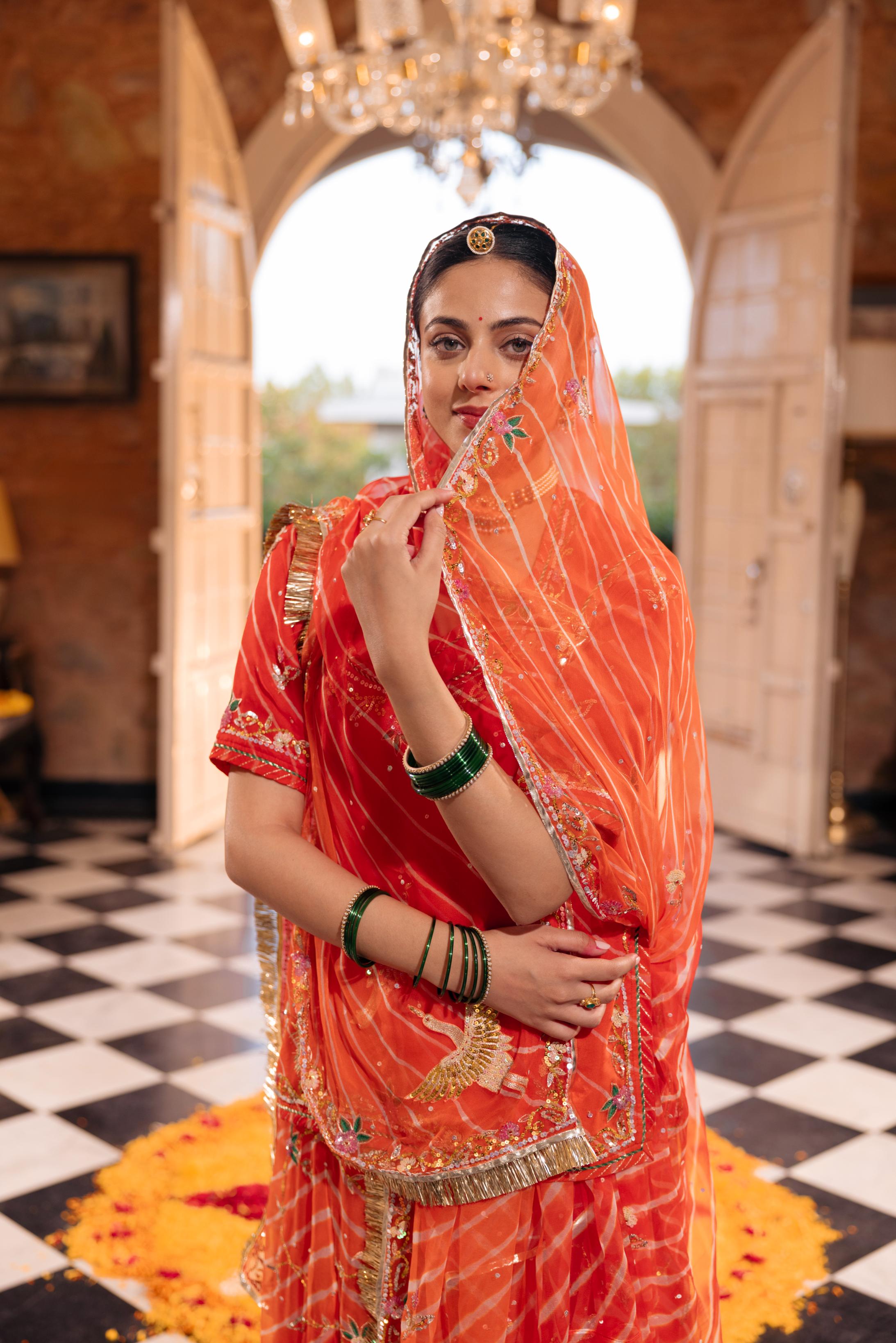 Orange  20 grms Pure Georgette Aari Sequins Resham Handwork   Poshak (Unstitched)