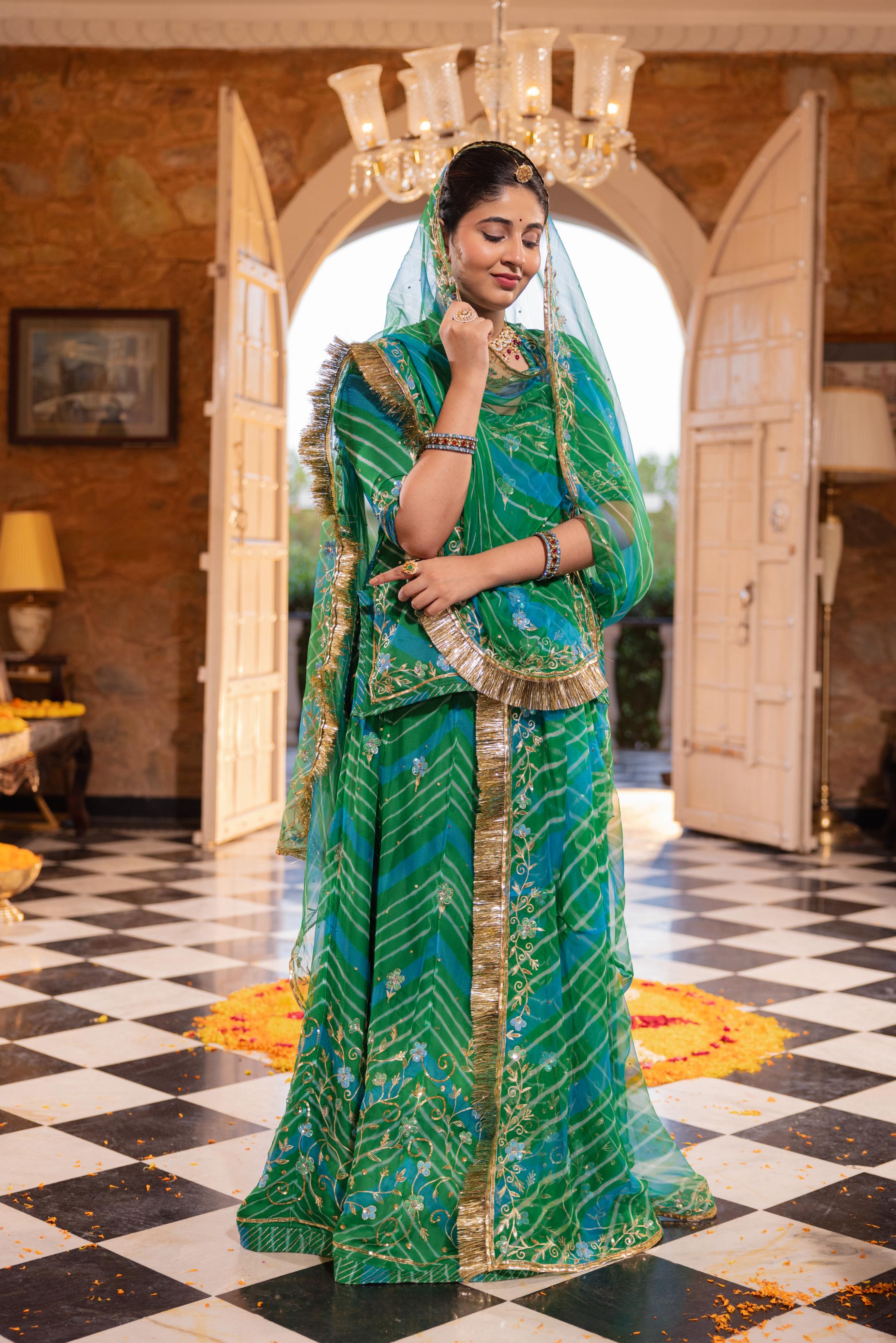 Green  20 grms Pure Georgette Aari Tari Handwork   Poshak (Unstitched)