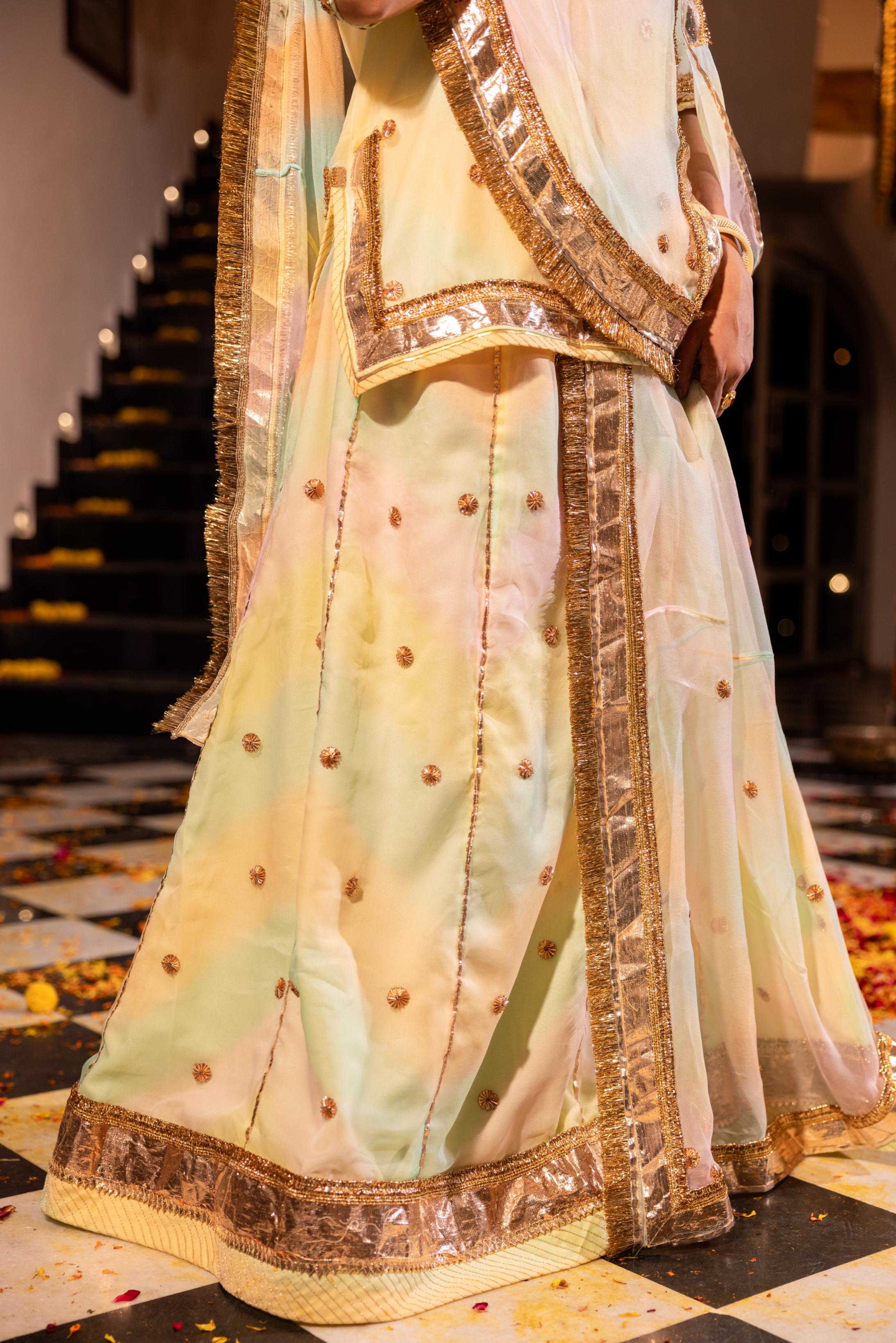 Samundar Leher 21 grms Pure Georgette Copper Laffi Dhora Ginni Phool Handwork   Poshak (Unstitched)