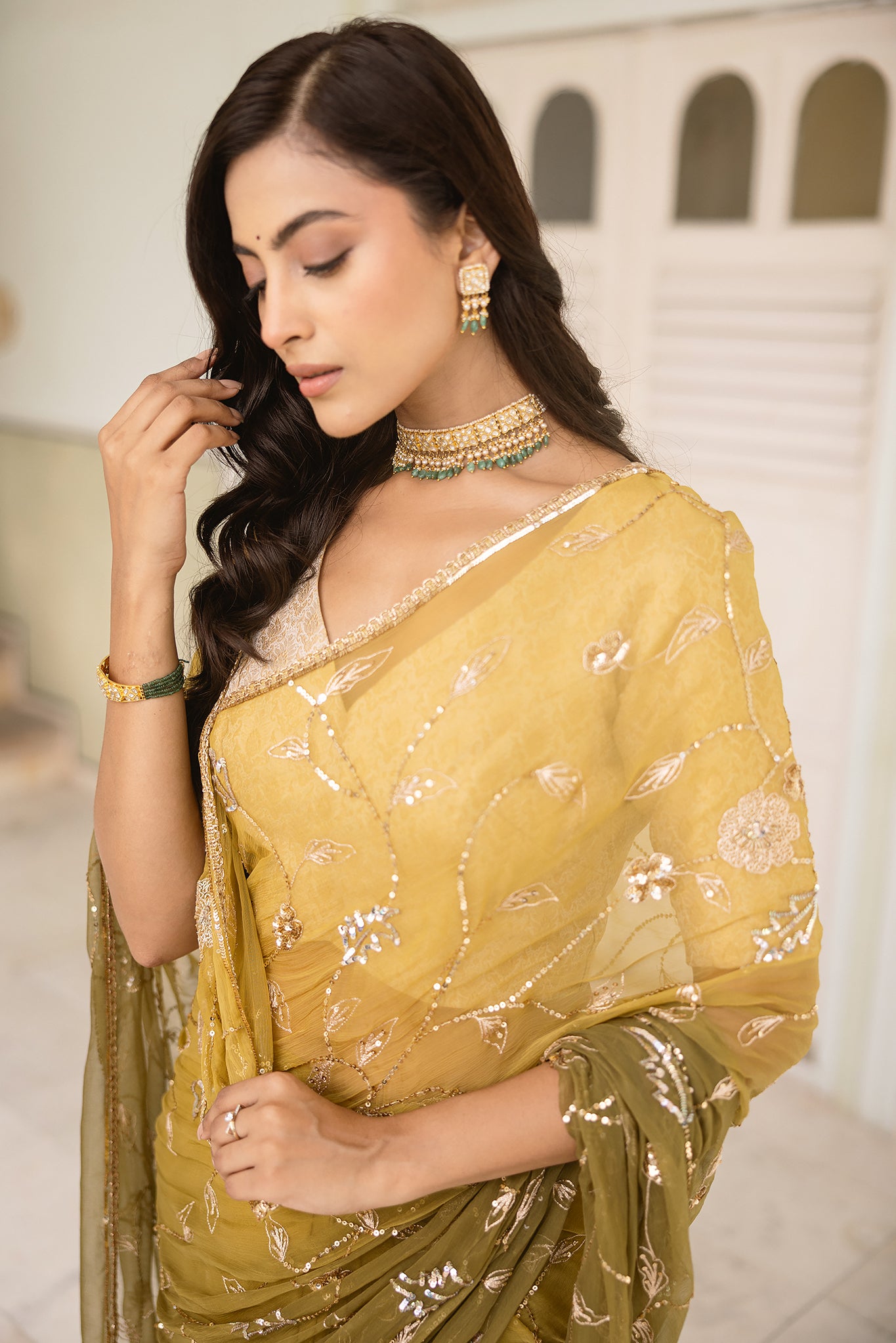 Mehandi Green  Viscose Chiffon Aari Sequins  Handwork  Saree