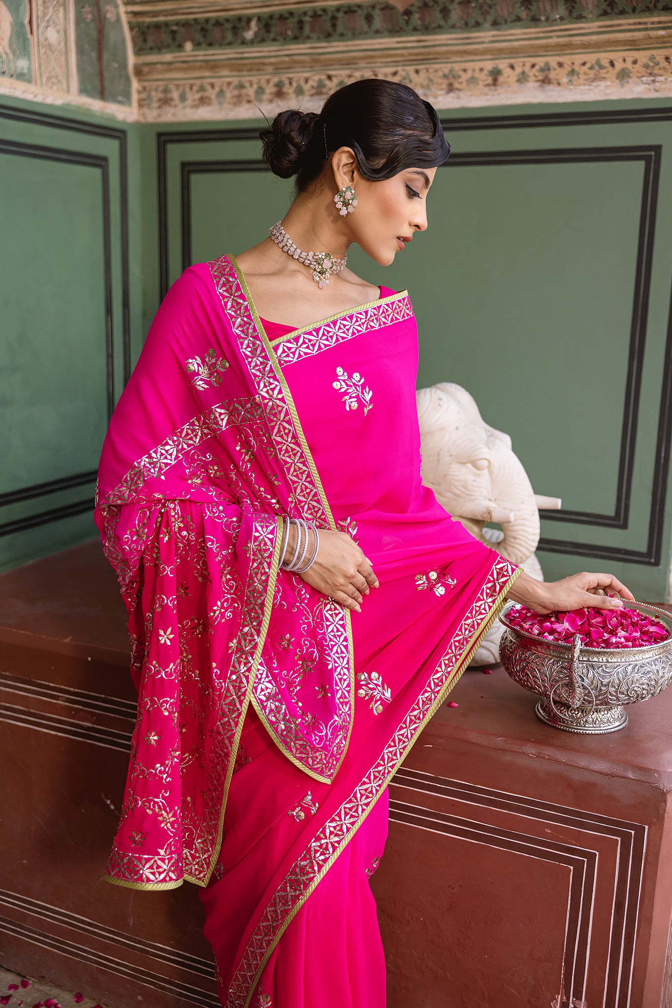 Rani Pink Shaded Pure Georgette Mukaish  Handwork Saree