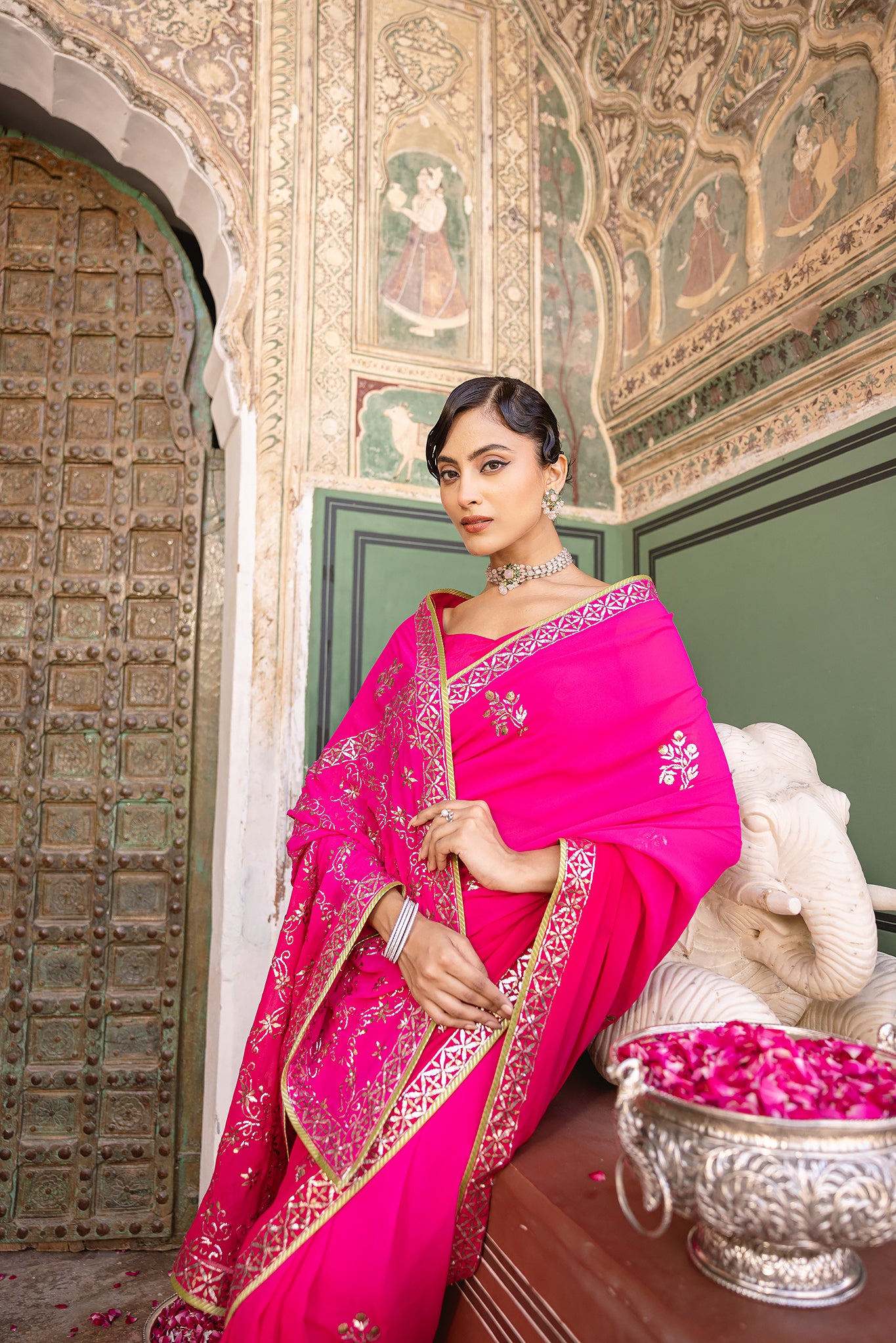 Rani Pink Shaded Pure Georgette Mukaish  Handwork Saree