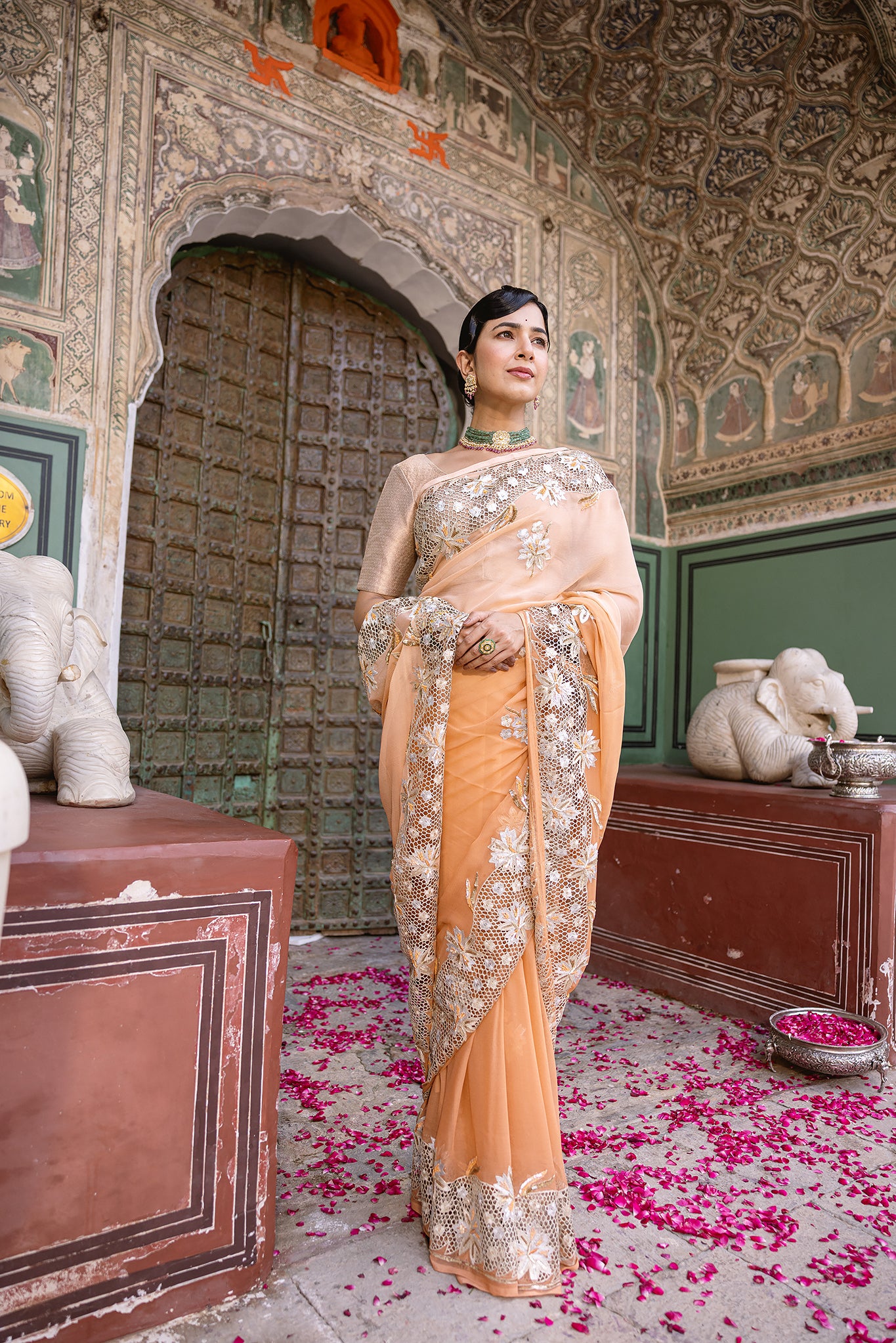 Peach Shaded Pure Chiffon Aari Sequins Zardozi  Cutwork Handwork  Saree