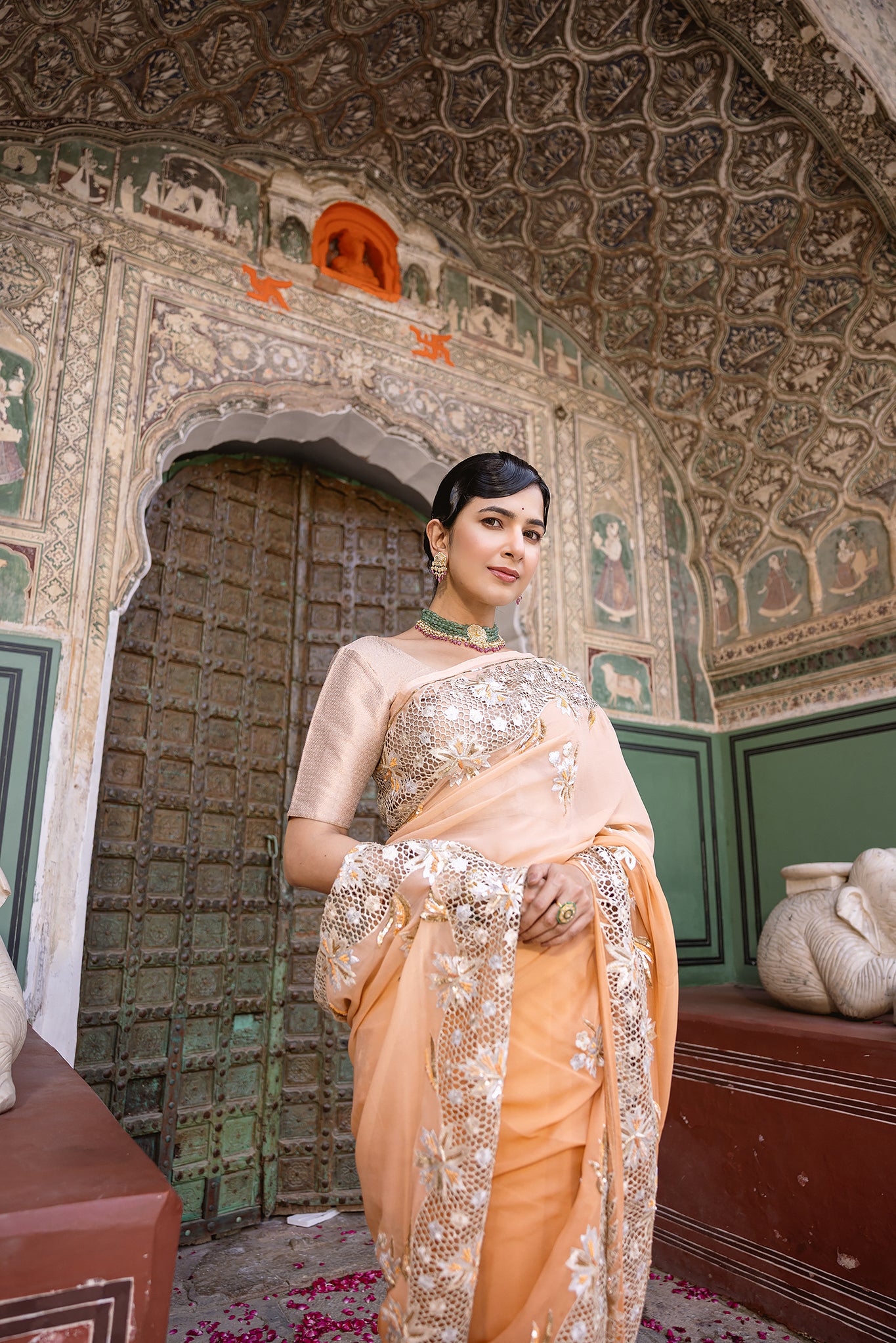 Peach Shaded Pure Chiffon Aari Sequins Zardozi  Cutwork Handwork  Saree