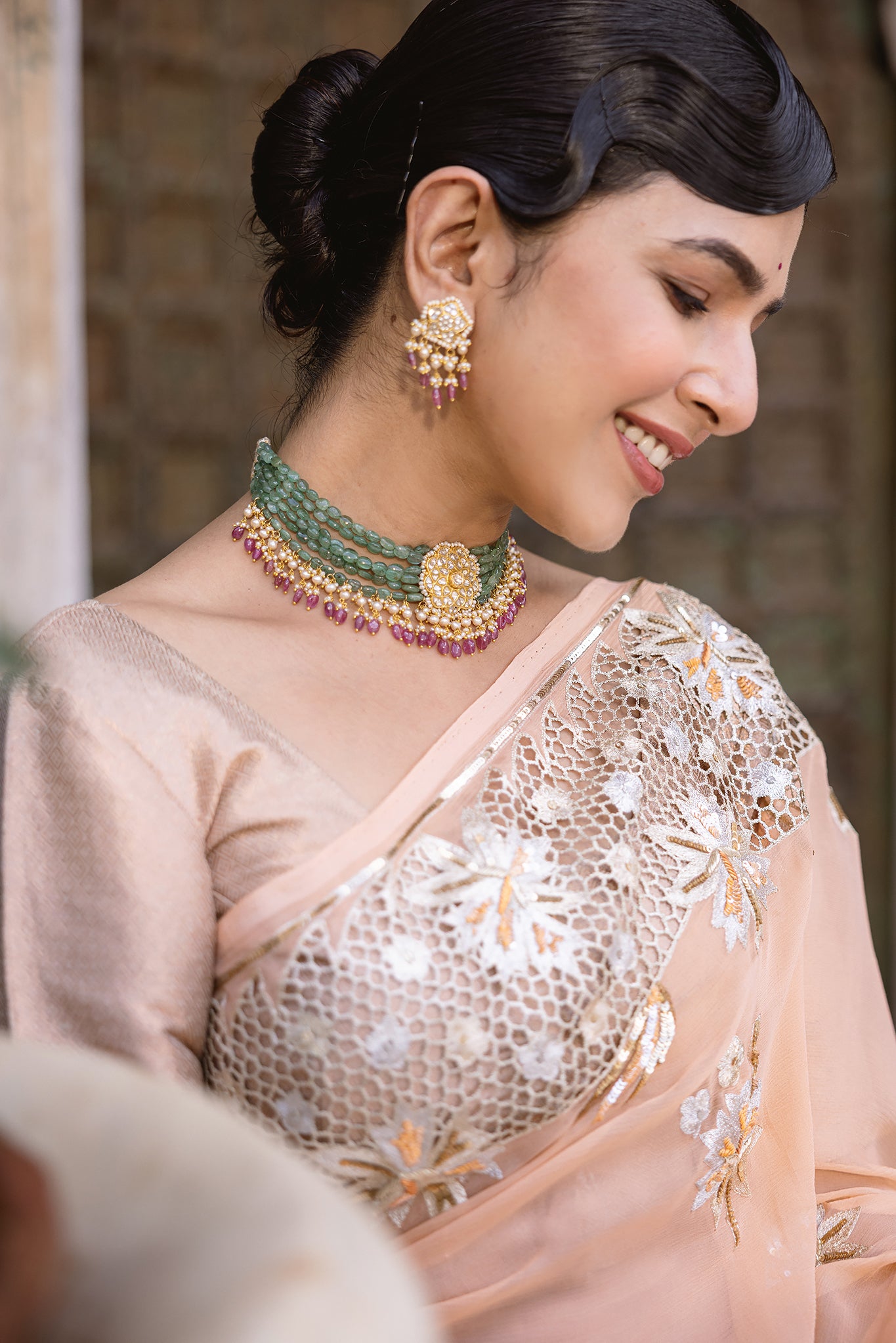 Peach Shaded Pure Chiffon Aari Sequins Zardozi  Cutwork Handwork  Saree