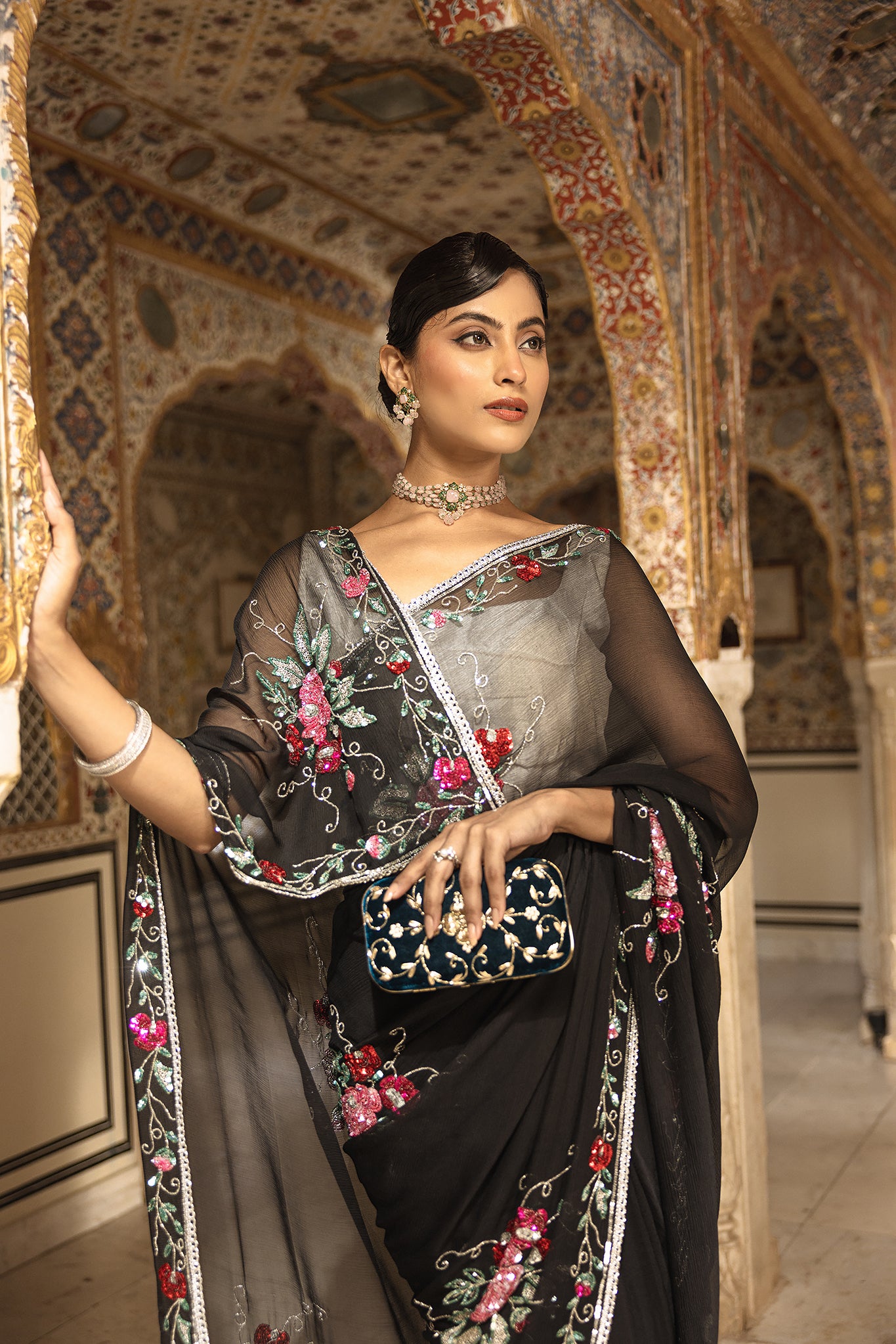 Black Pure Chiffon Sequins Kardana Handwork  Saree