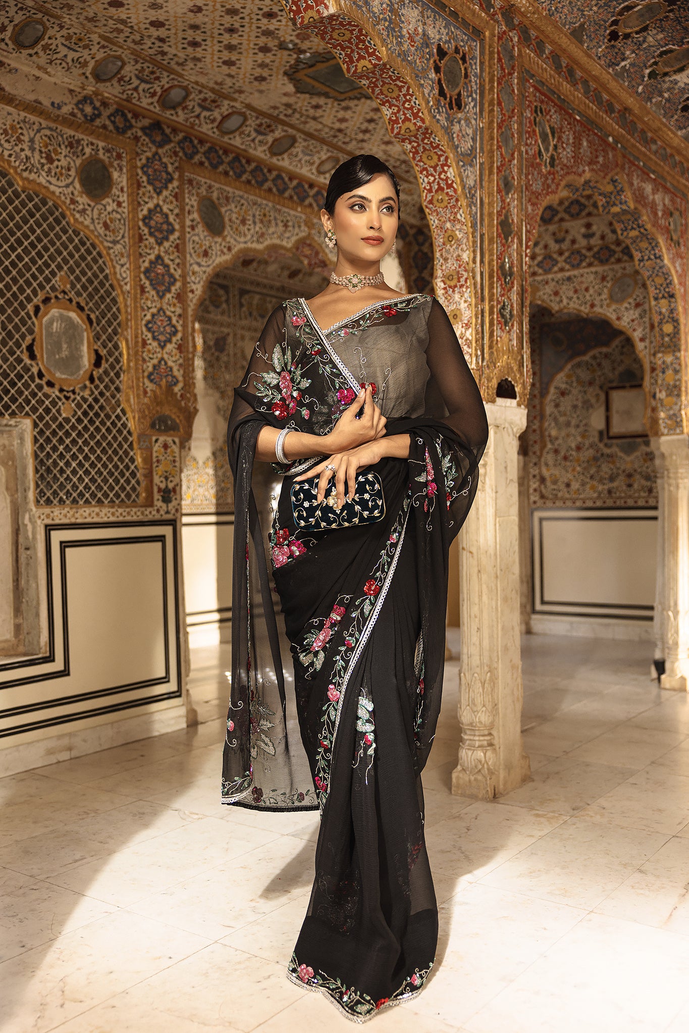 Black Pure Chiffon Sequins Kardana Handwork  Saree