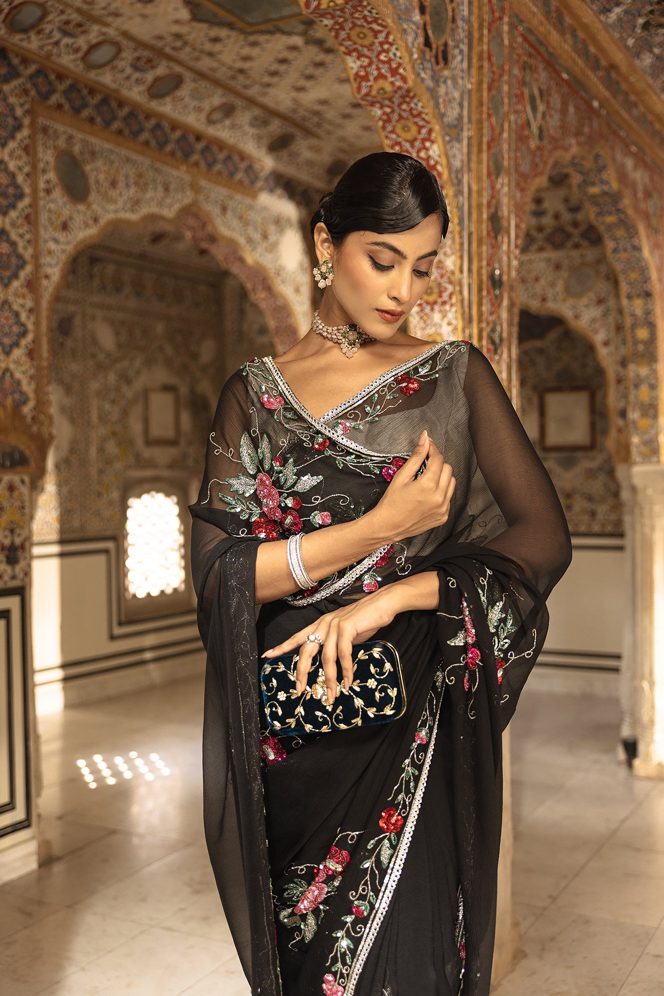 Black Pure Chiffon Sequins Kardana Handwork  Saree