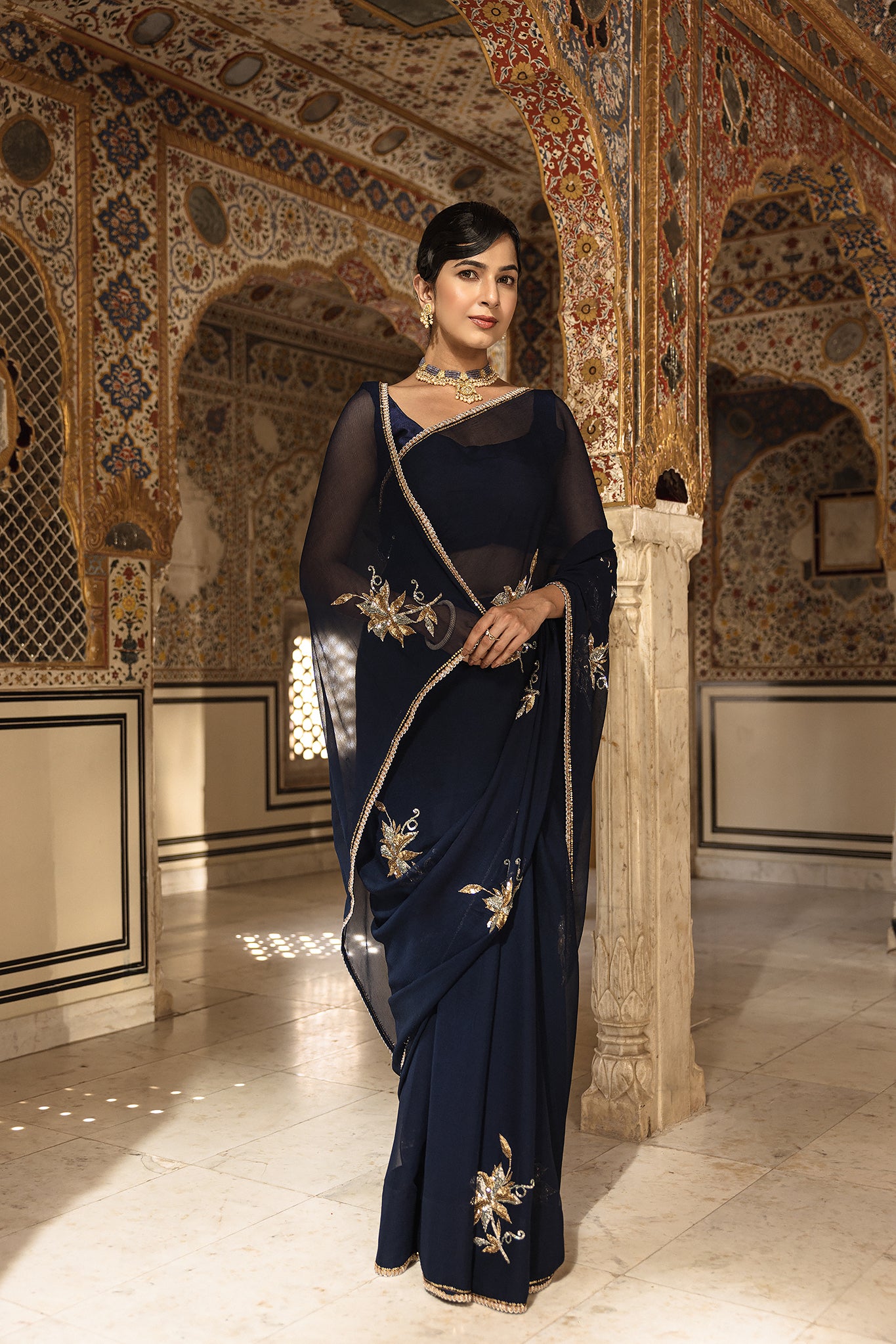 Navy Blue Pure Chiffon Aari Sequins Handwork  Saree