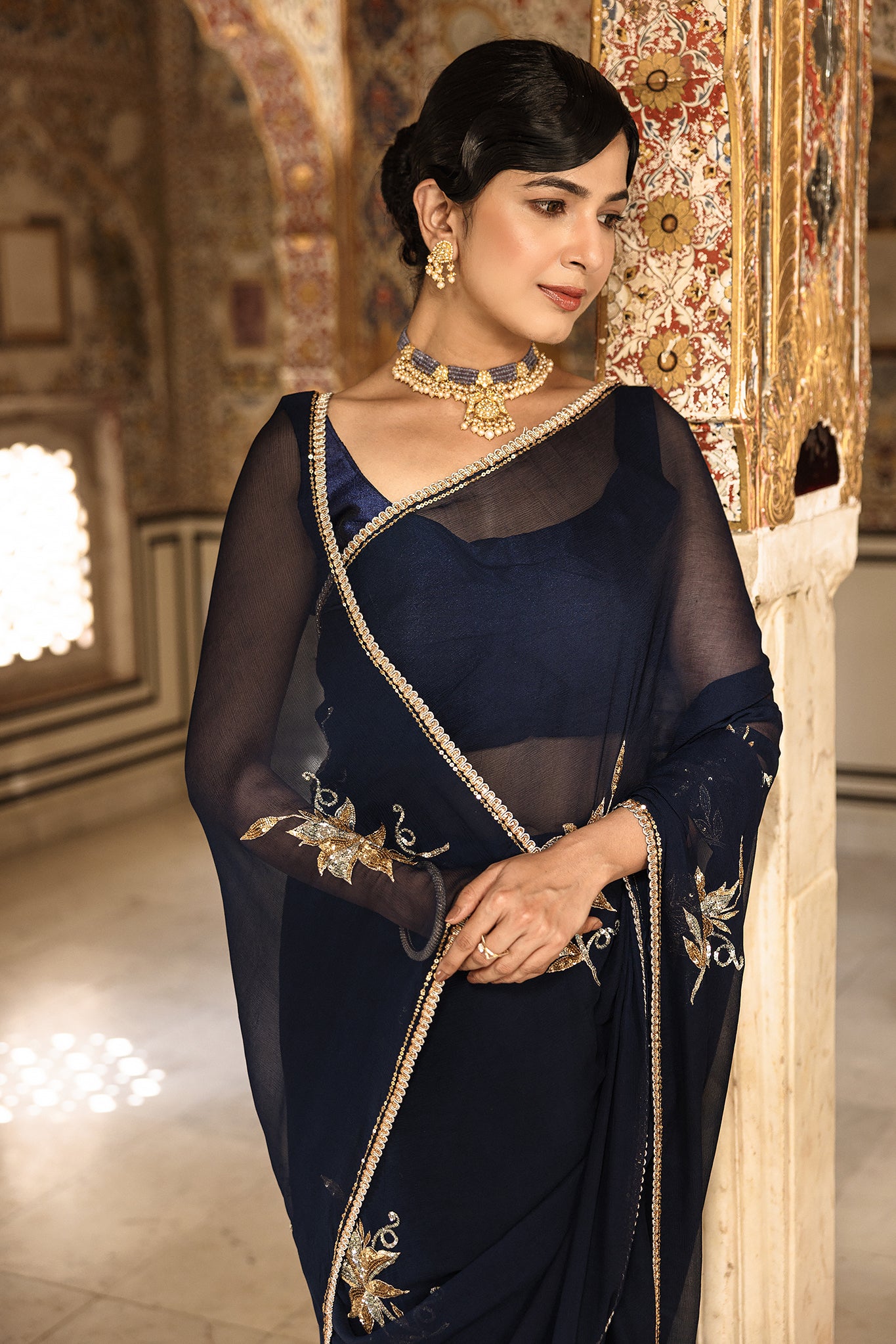 Navy Blue Pure Chiffon Aari Sequins Handwork  Saree